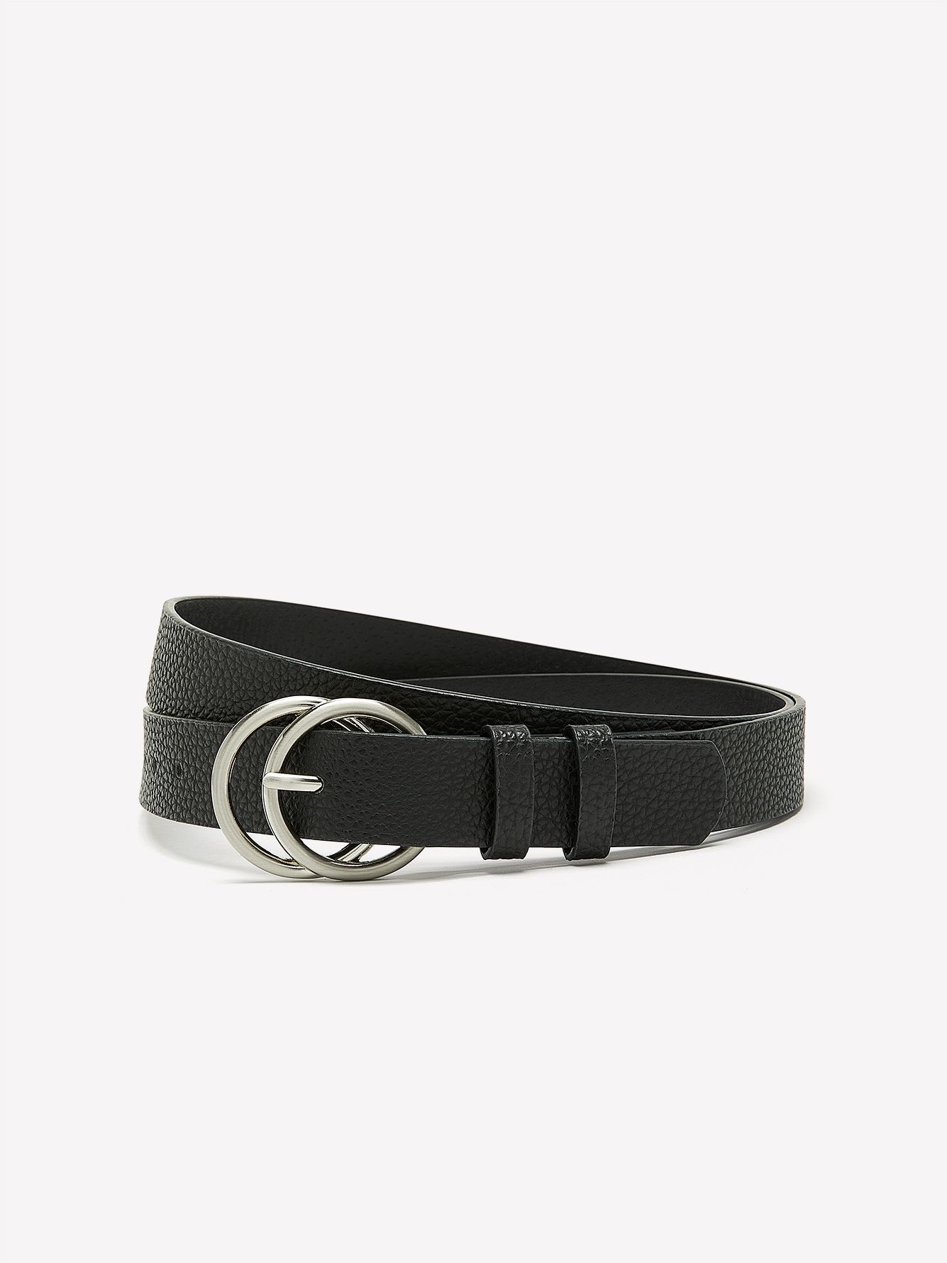 Slim Pebble Faux-Leather Belt with Double-Ring Buckle