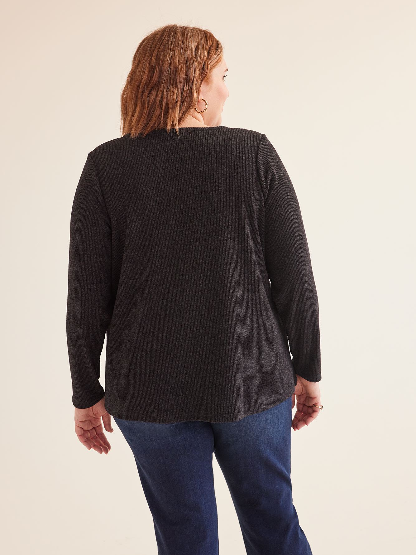 Ribbed Knit Top with Zippered V-Neck