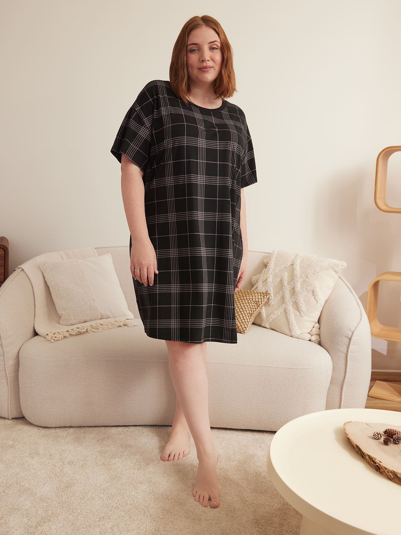 Plaid Elbow-Sleeve Short Sleepshirt - ti Voglio