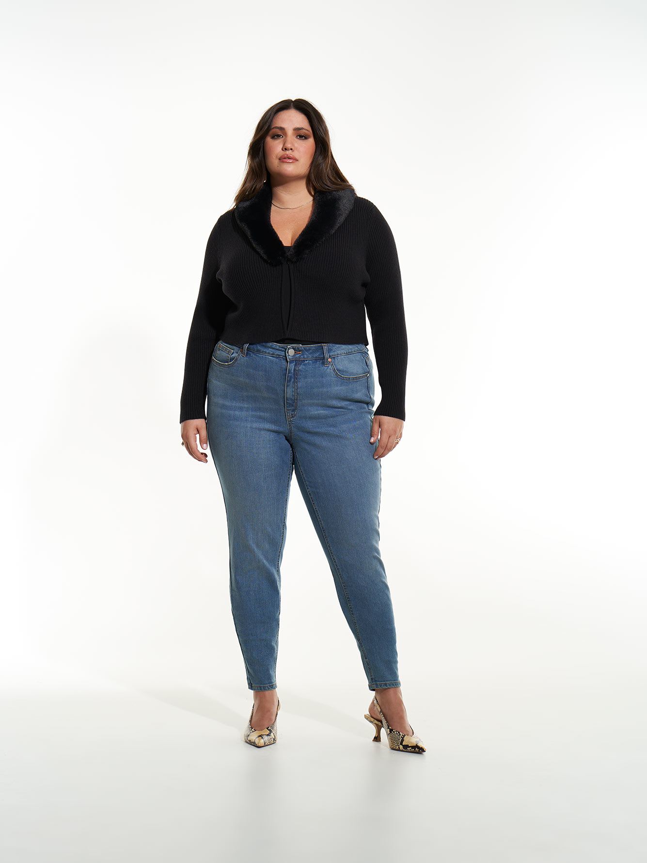 Black Ribbed Shrug with Faux Fur Collar - Addition Elle