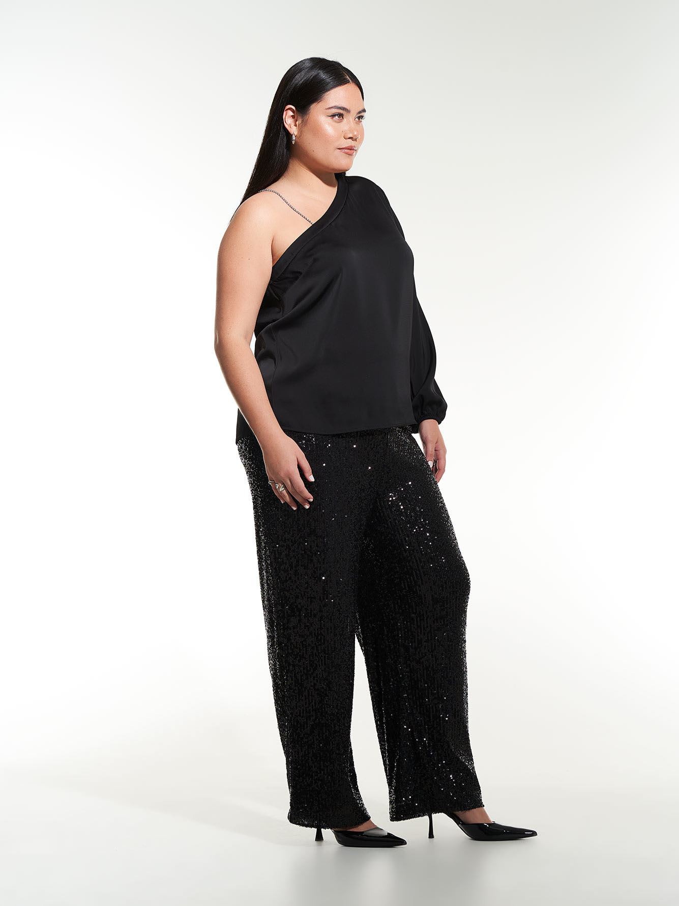 Black Off-Shoulder Satin Blouse with Rhinestones Strap - Addition Elle