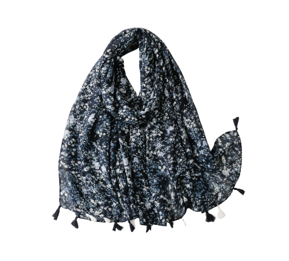 Navy mini flower scarf with tassels - Don't AsK