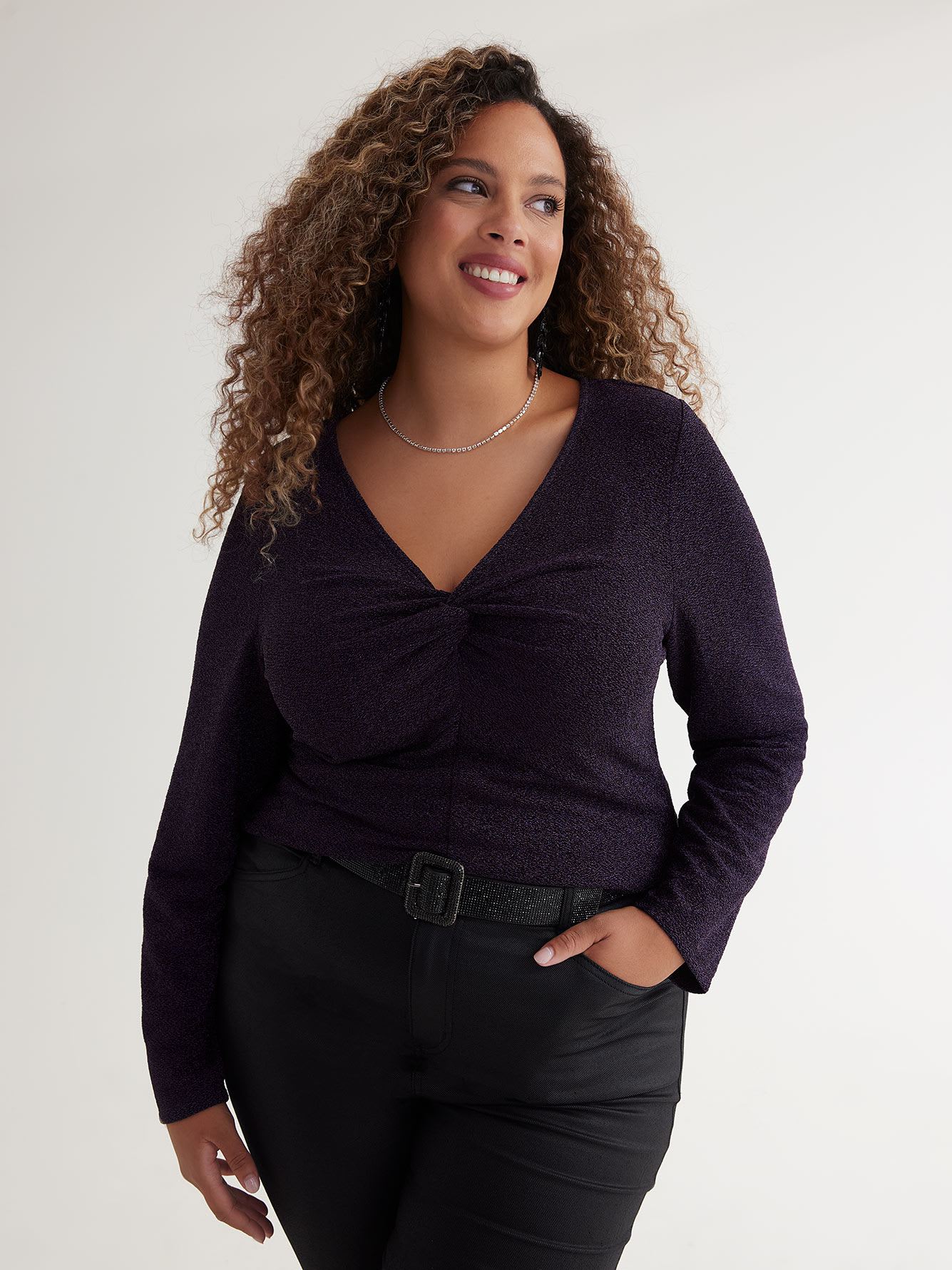 Black Twisted V-Neck Knit Top