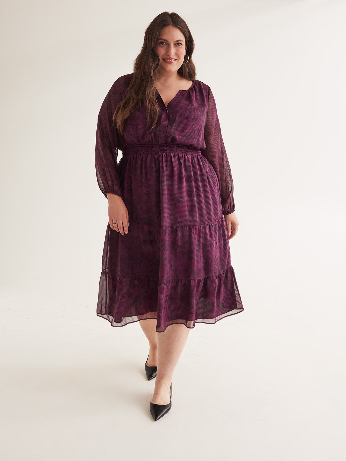 Floral Long-Sleeve Tiered Midi Dress