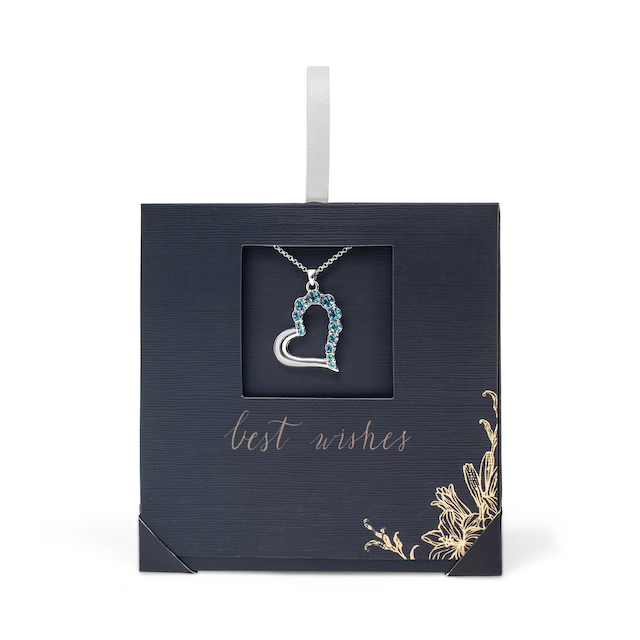 Holiday Gift Envelope with Aqua Crystal Open Heart Pendant Necklace - callura