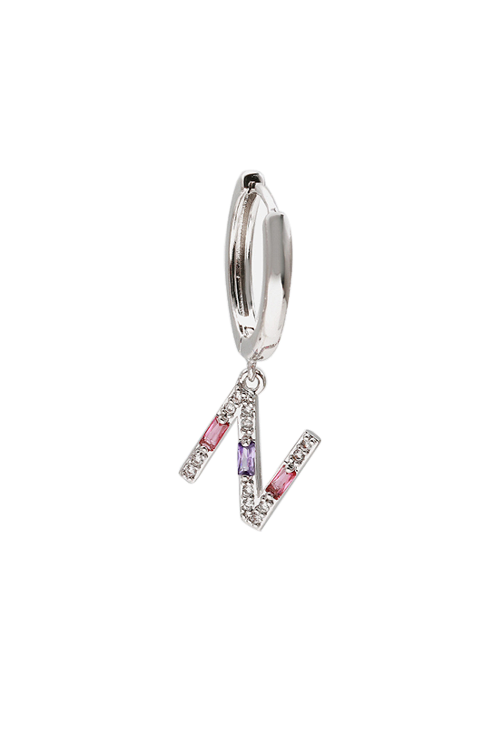 Classicharms-Single Pavé Initial Charm Drop Huggie Hoop Earring-Letter N