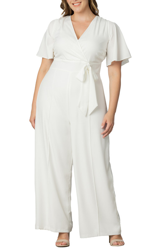 Kiyonna Plus Size Karina Crepe Wide-Leg White Jumpsuit (Plus Size)