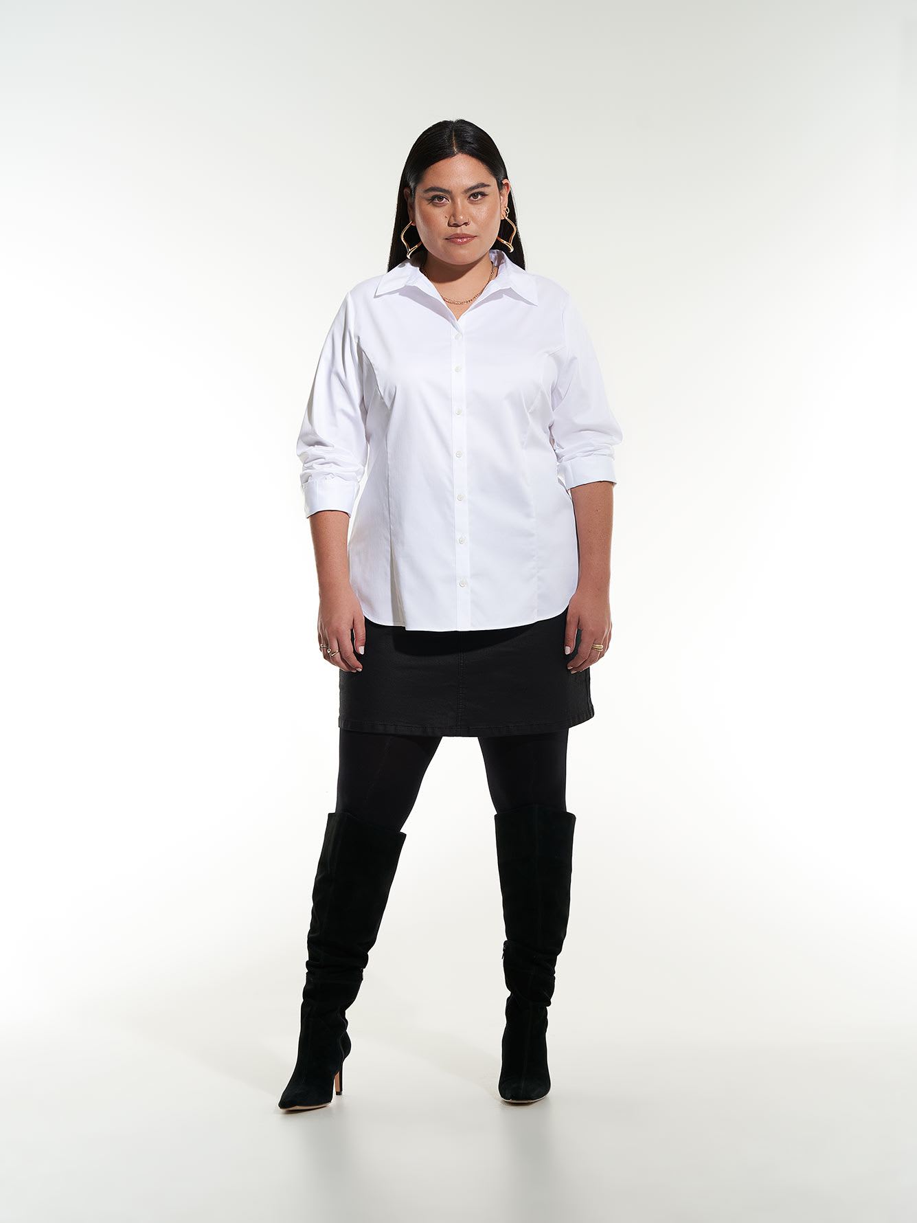Long-Sleeve Fitted Long Button-Down Shirt - Addition Elle