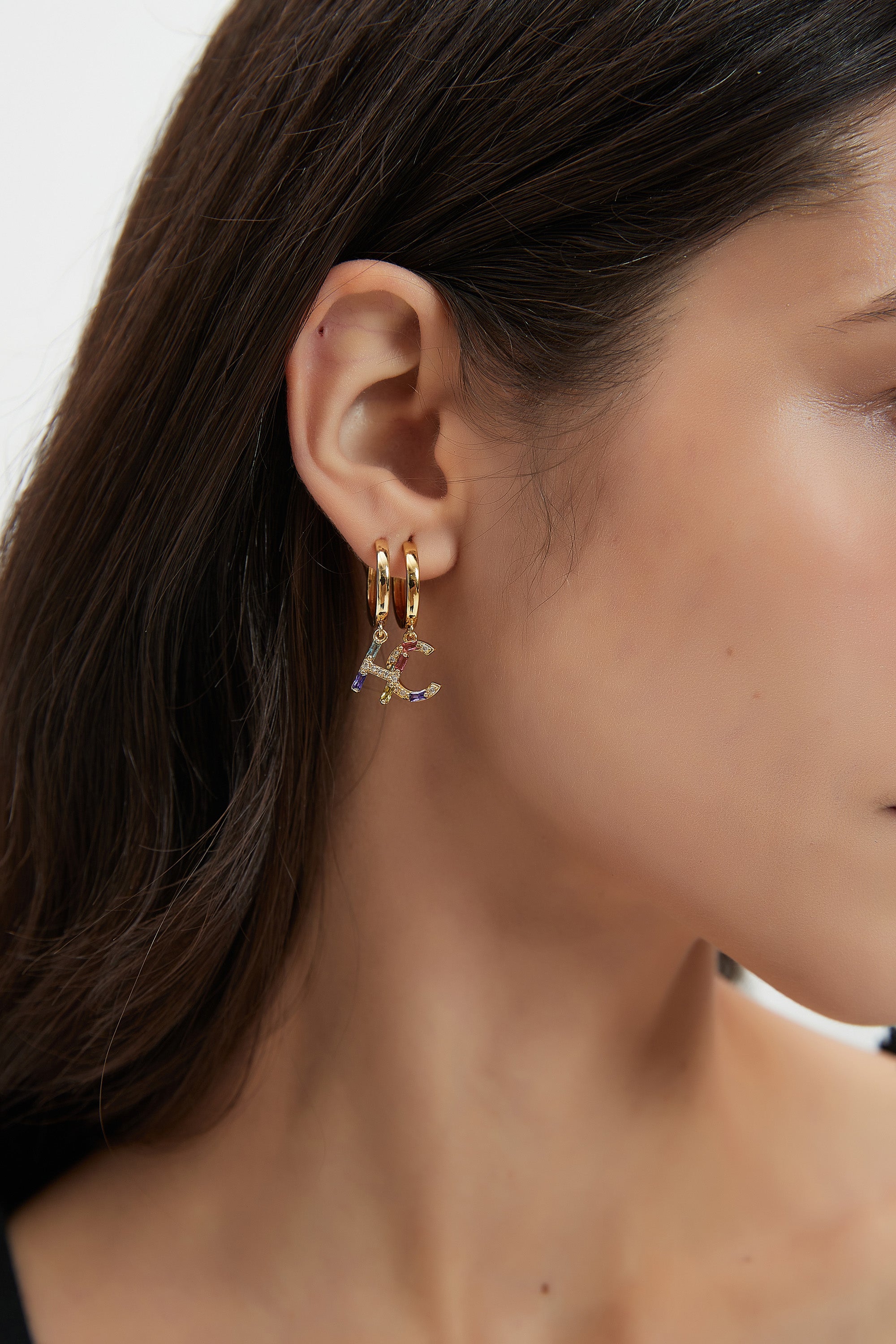 Classicharms-Single Pavé Initial Charm Drop Huggie Hoop Earring-Letter H