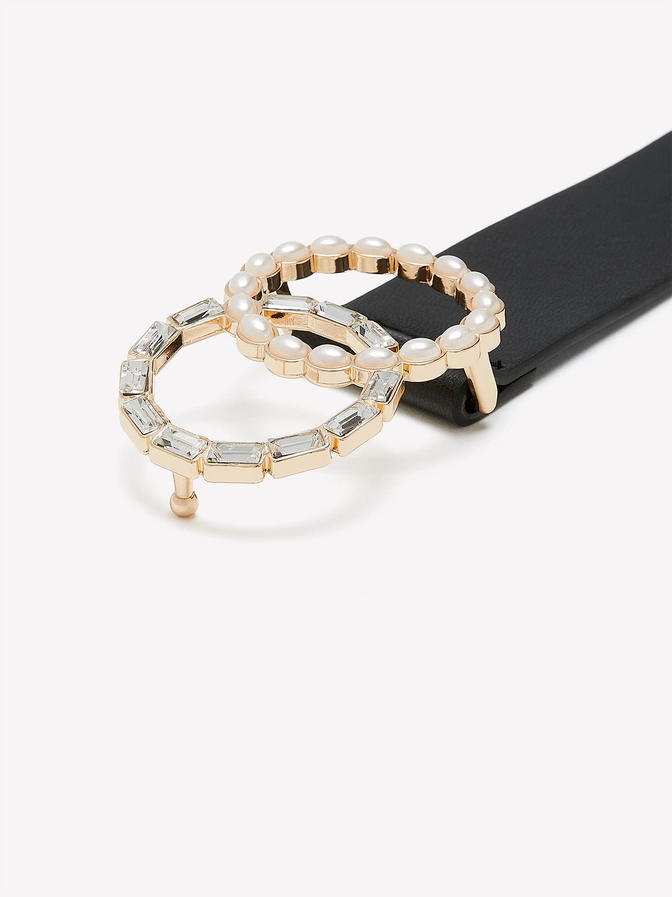 Black Denim Belt with Double Ring Pearl Buckle
