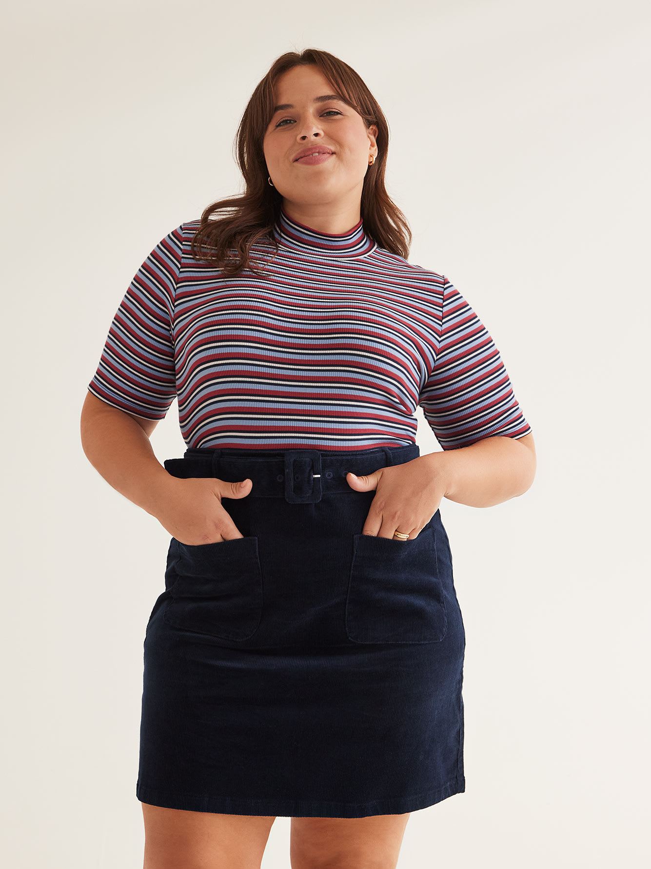 Ribbed Striped Elbow-Sleeve Fitted Knit Top