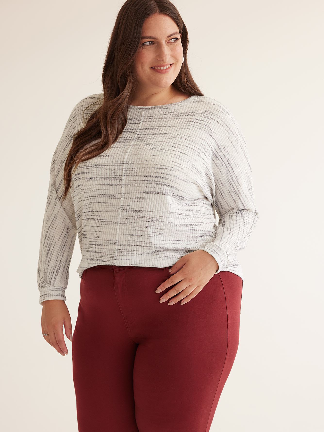 Dolman-Sleeve Mock-Neck Ribbed Knit Top