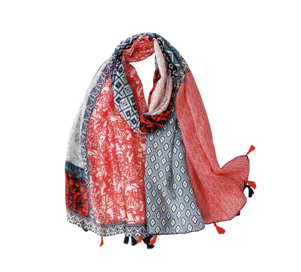 Red and Navy multi pattern scarf with tassels - Don't AsK