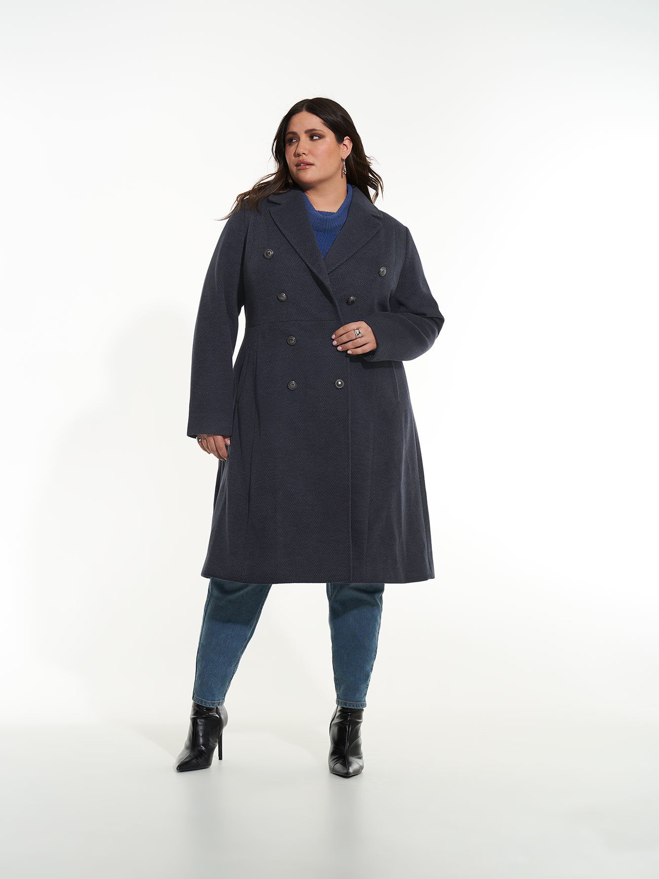 Long Herringbone Military Coat - Addition Elle