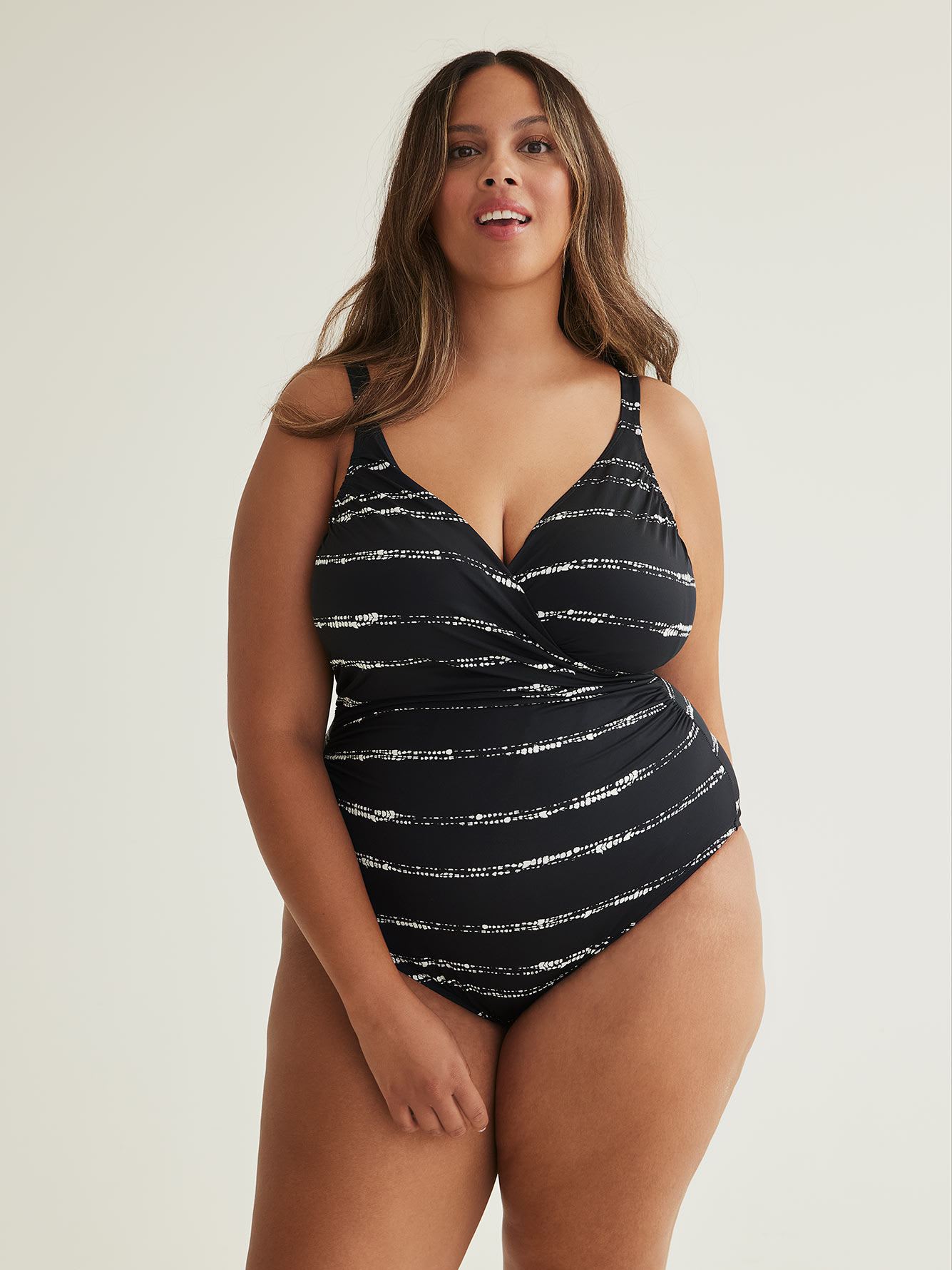 Black Dotted Stripe Wrap One-Piece Swimsuit
