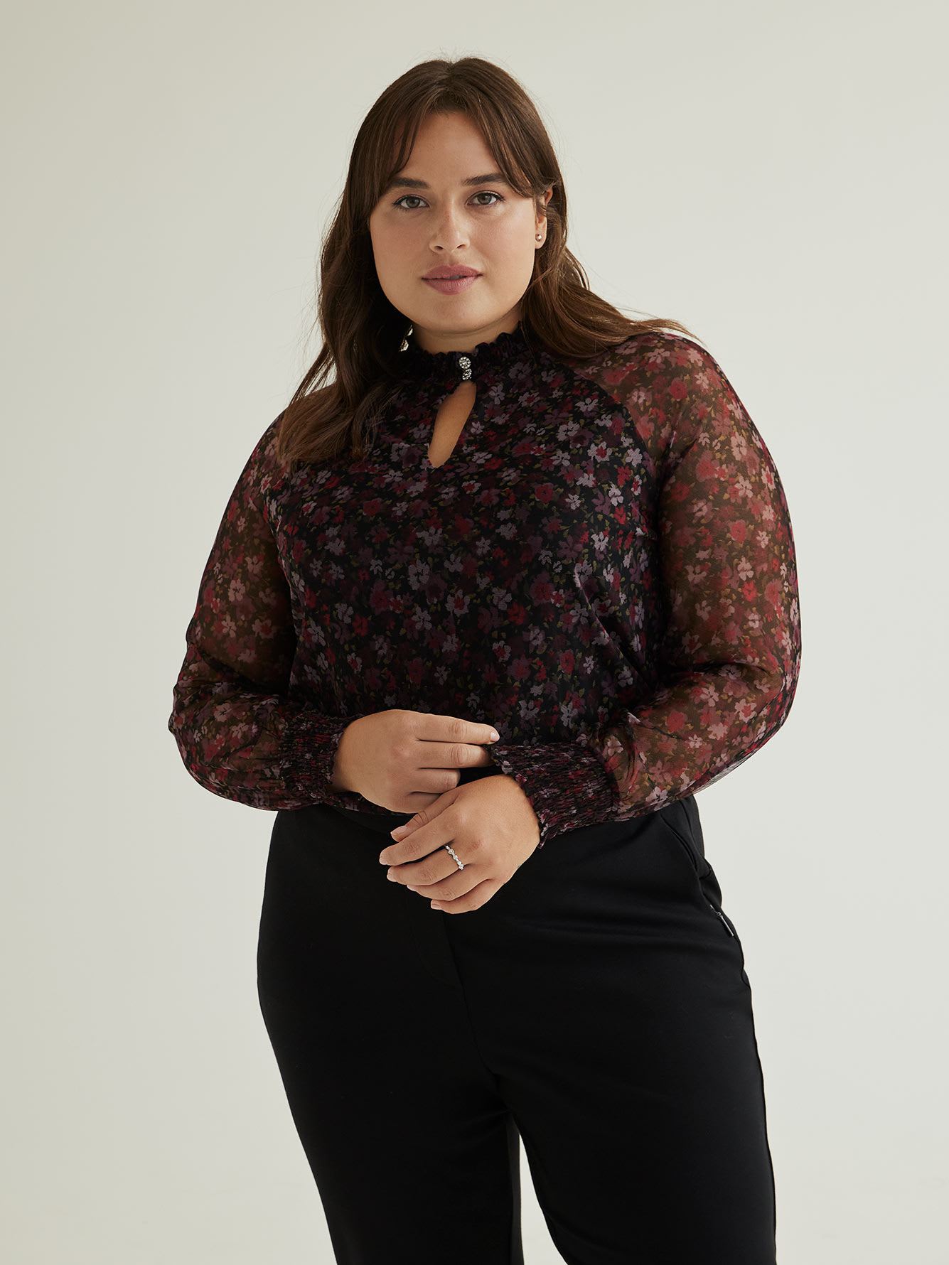 Floral Mesh Knit Top with Smocking Mock Neckline