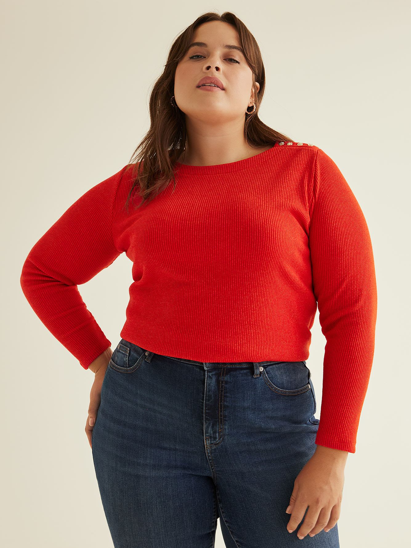 Ribbed Long-Sleeve Mock Neck Knit Top