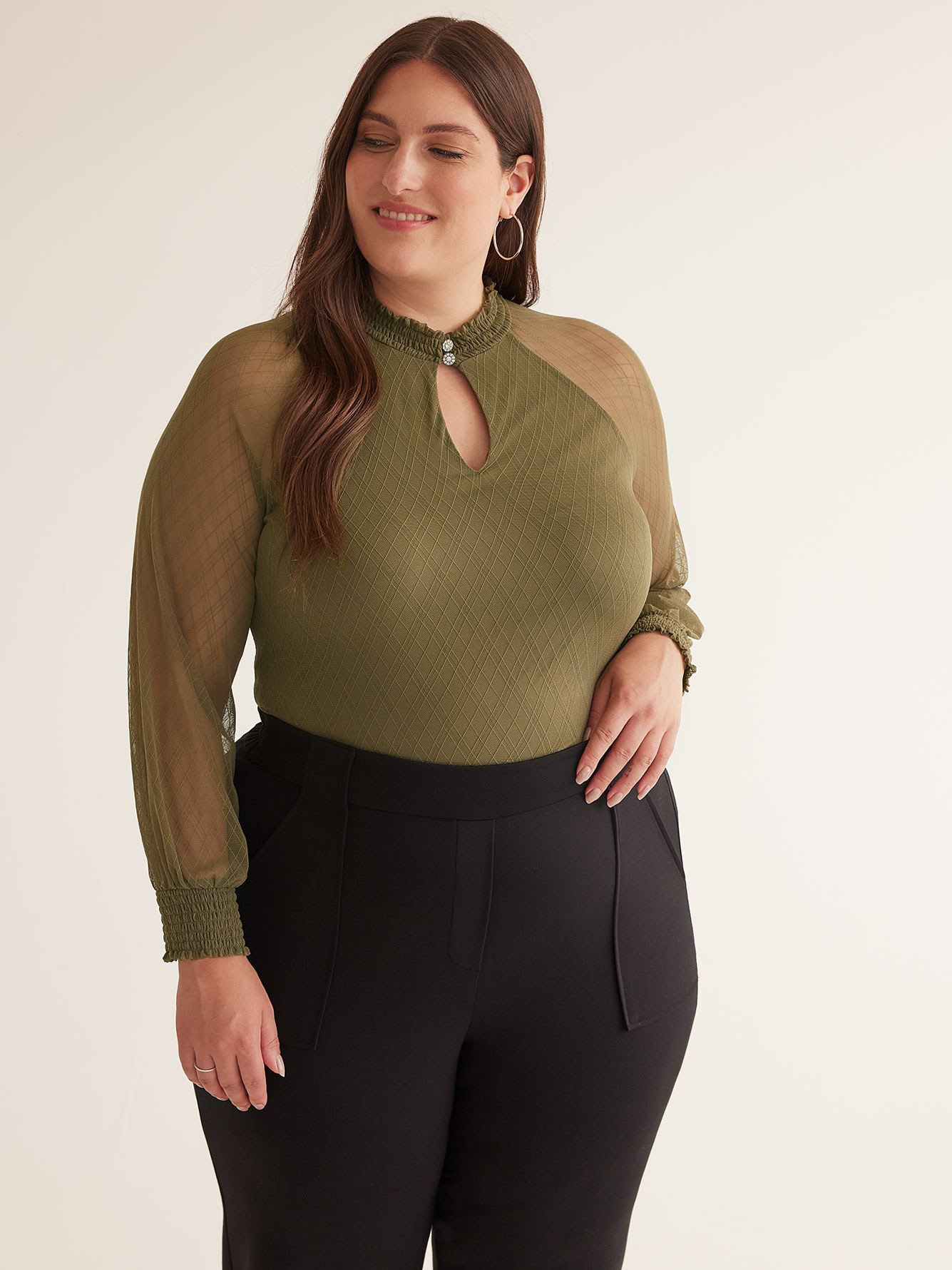 Floral Lace Knit Top with Smocking Mock Neckline