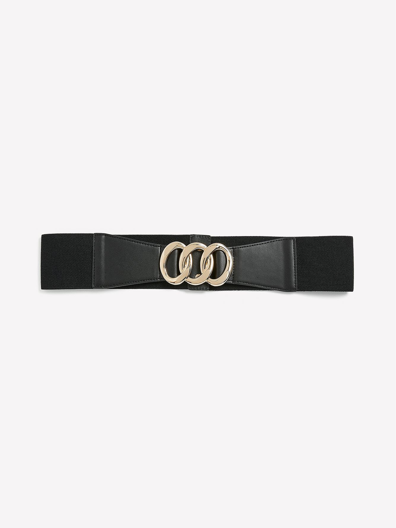 Black Wide Elastic Belt with 3 Golden Ring Buckles