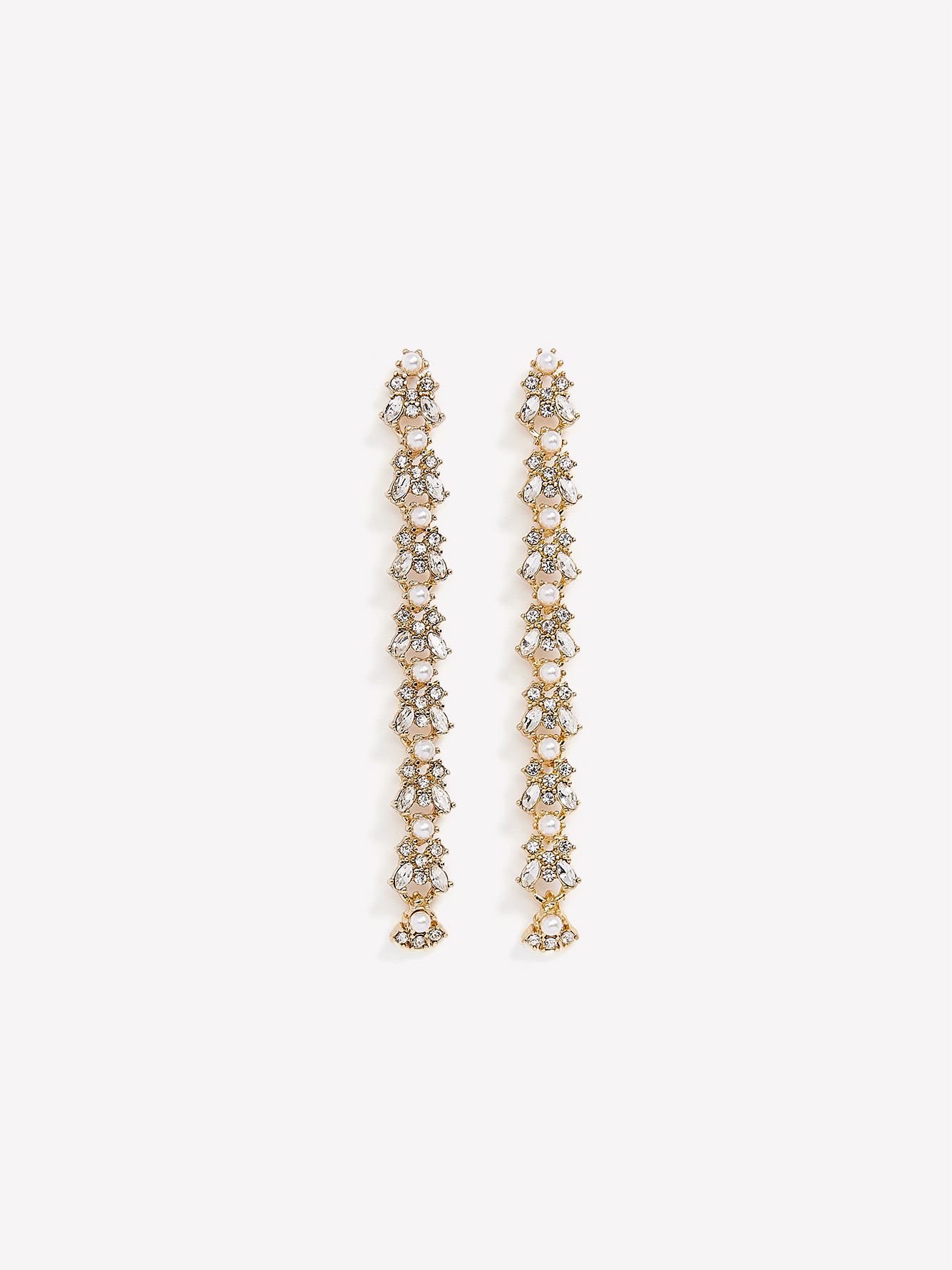 Long Drop Earrings with Rhinestones and Pearls