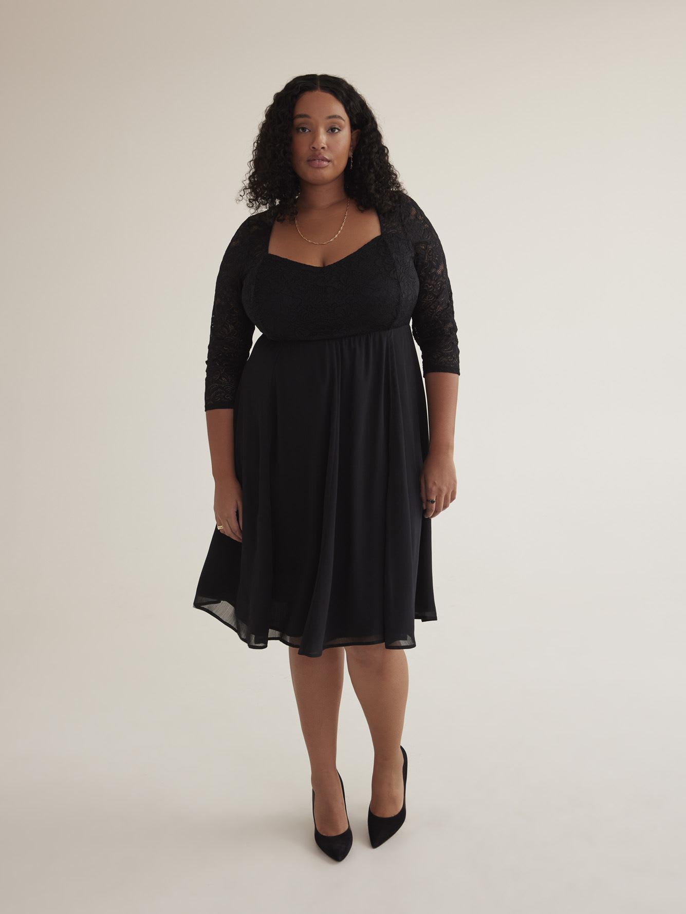 Black Chiffon Flared Dress with Lace Top
