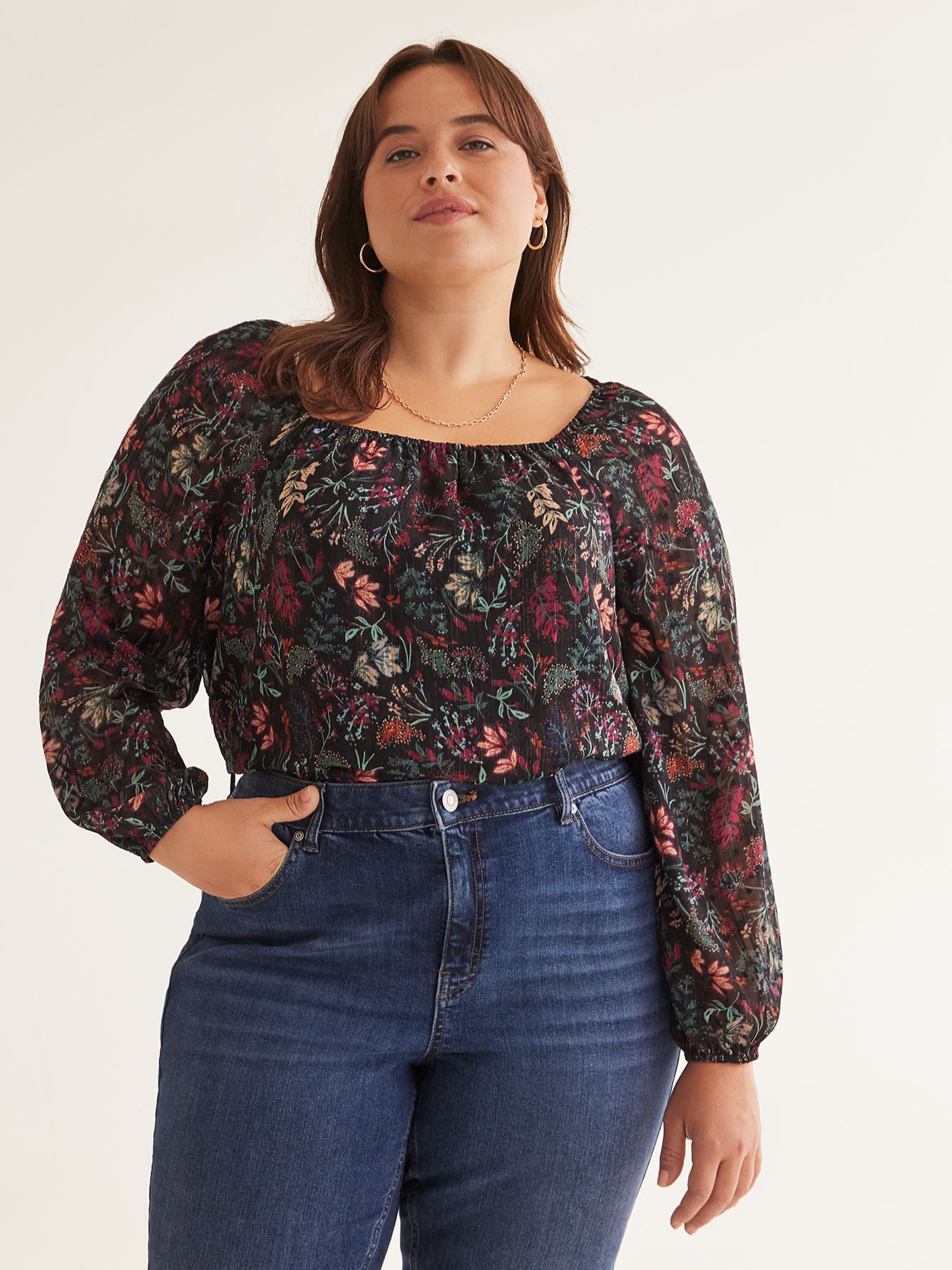 Floral Square-Neck Blouse with Balloon Sleeves