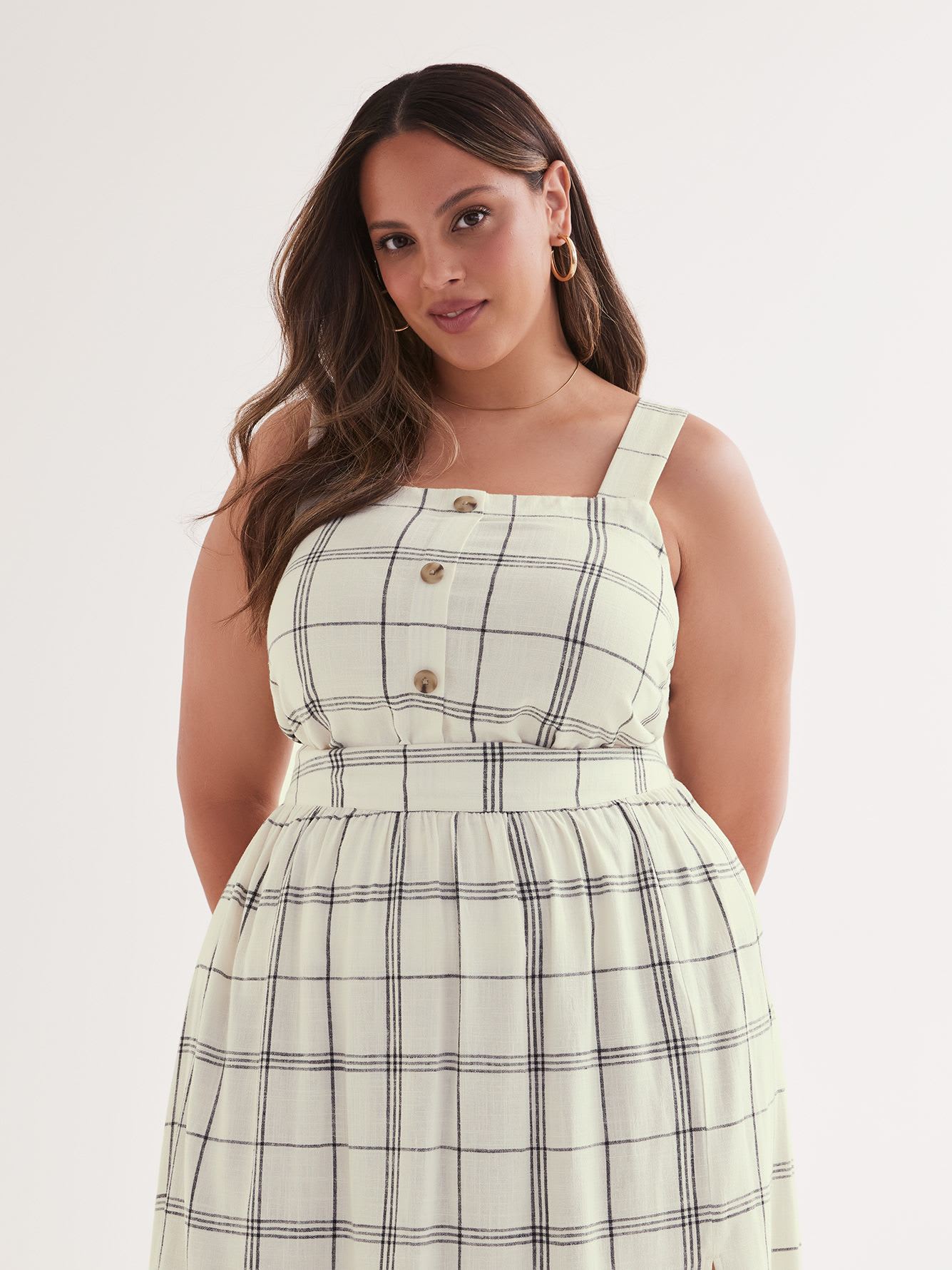 Linen Blend Plaid Blouse with Decorative Buttons