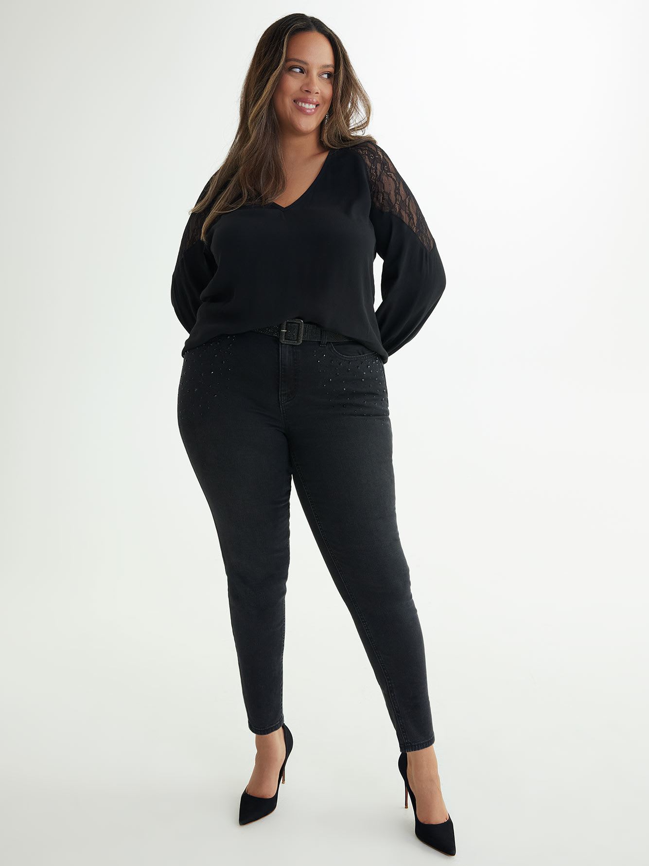 Responsible, Black Skinny-Leg Jeans with Pocket Rhinestones - d/C Jeans