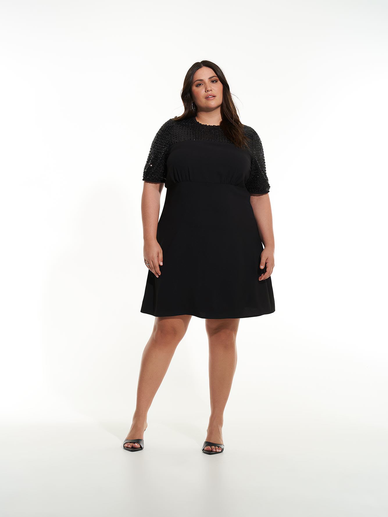 Black Dress with Sequin Mesh Sleeves - Addition Elle