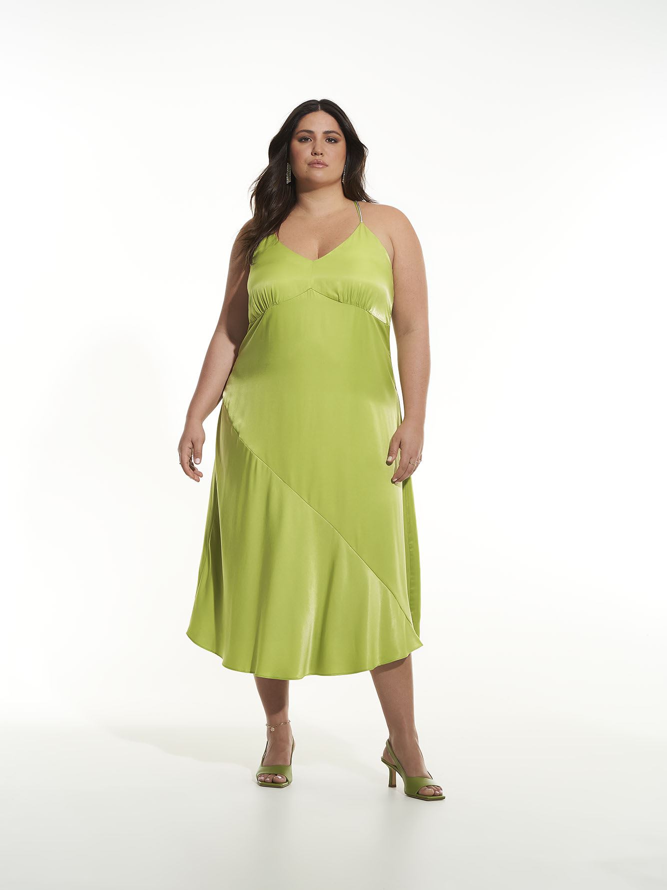 Satin Slip Midi Dress with Rhinestones Straps - Addition Elle