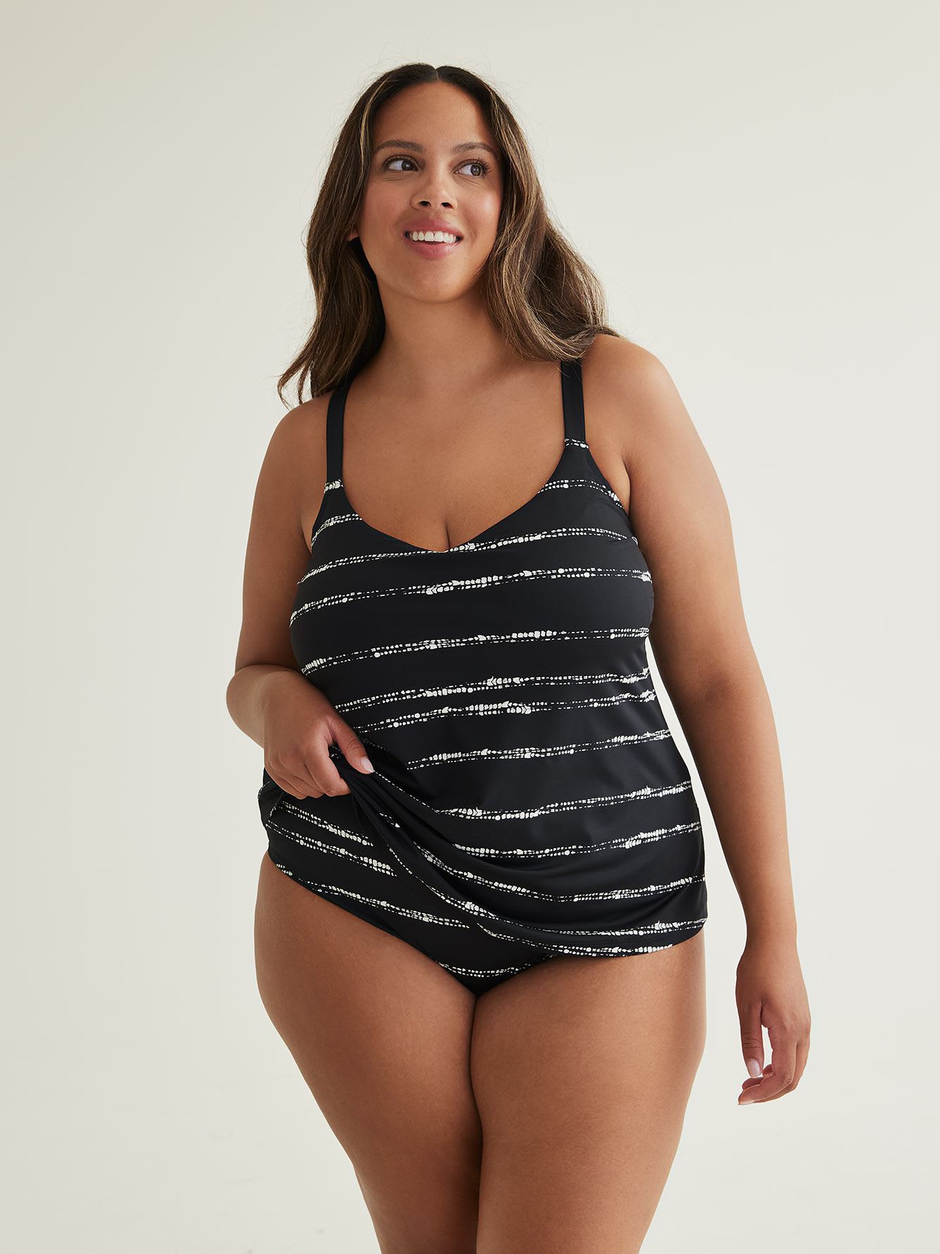Black Dotted Stripe Tankini with Back Ring