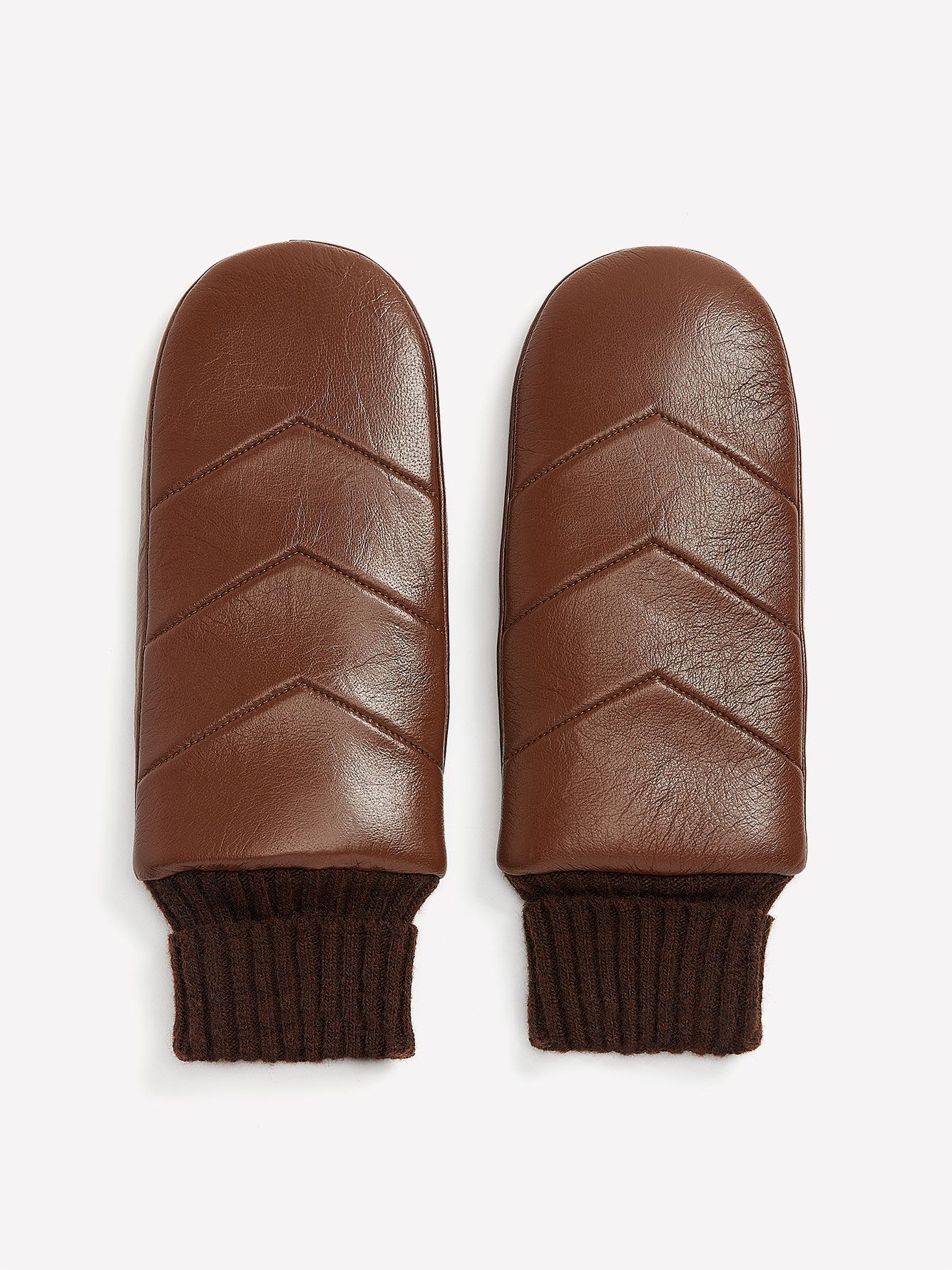 Brown Leather V-Stitch Quilted Mittens with Ribbed Cuffs