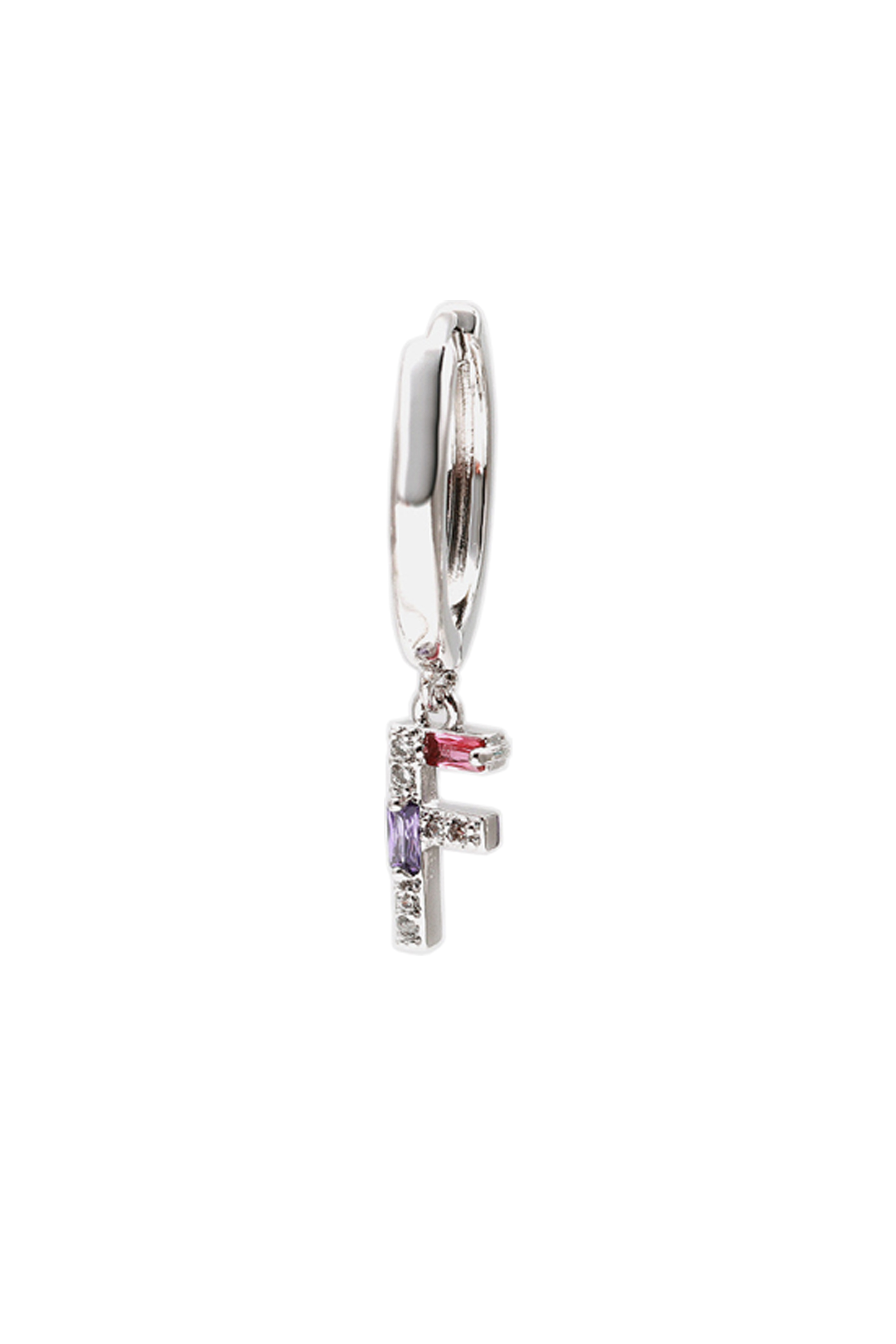 Classicharms-Single Pavé Initial Charm Drop Huggie Hoop Earring-Letter F