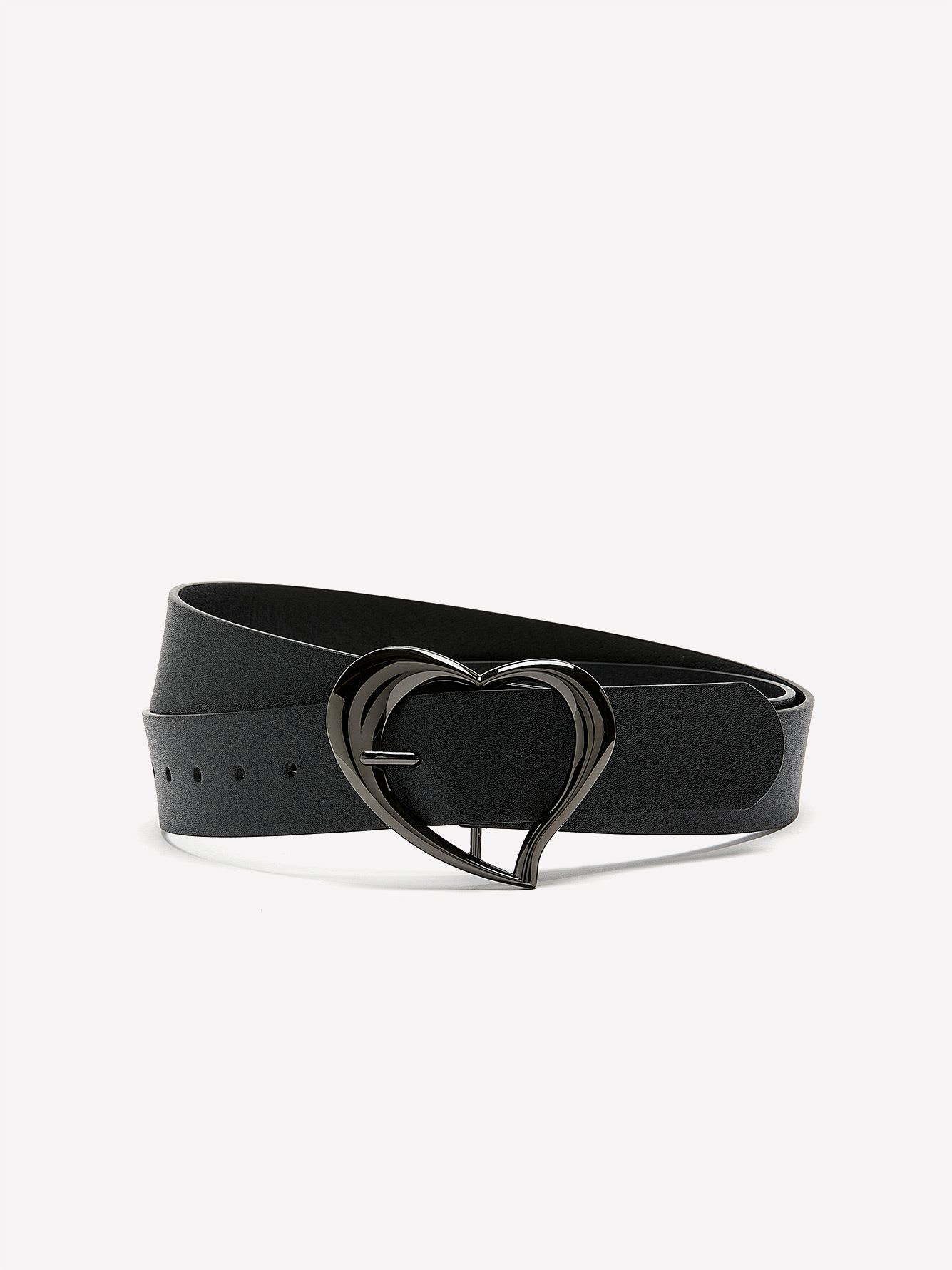 Black Faux-Leather Belt with Heart-Shaped Buckle