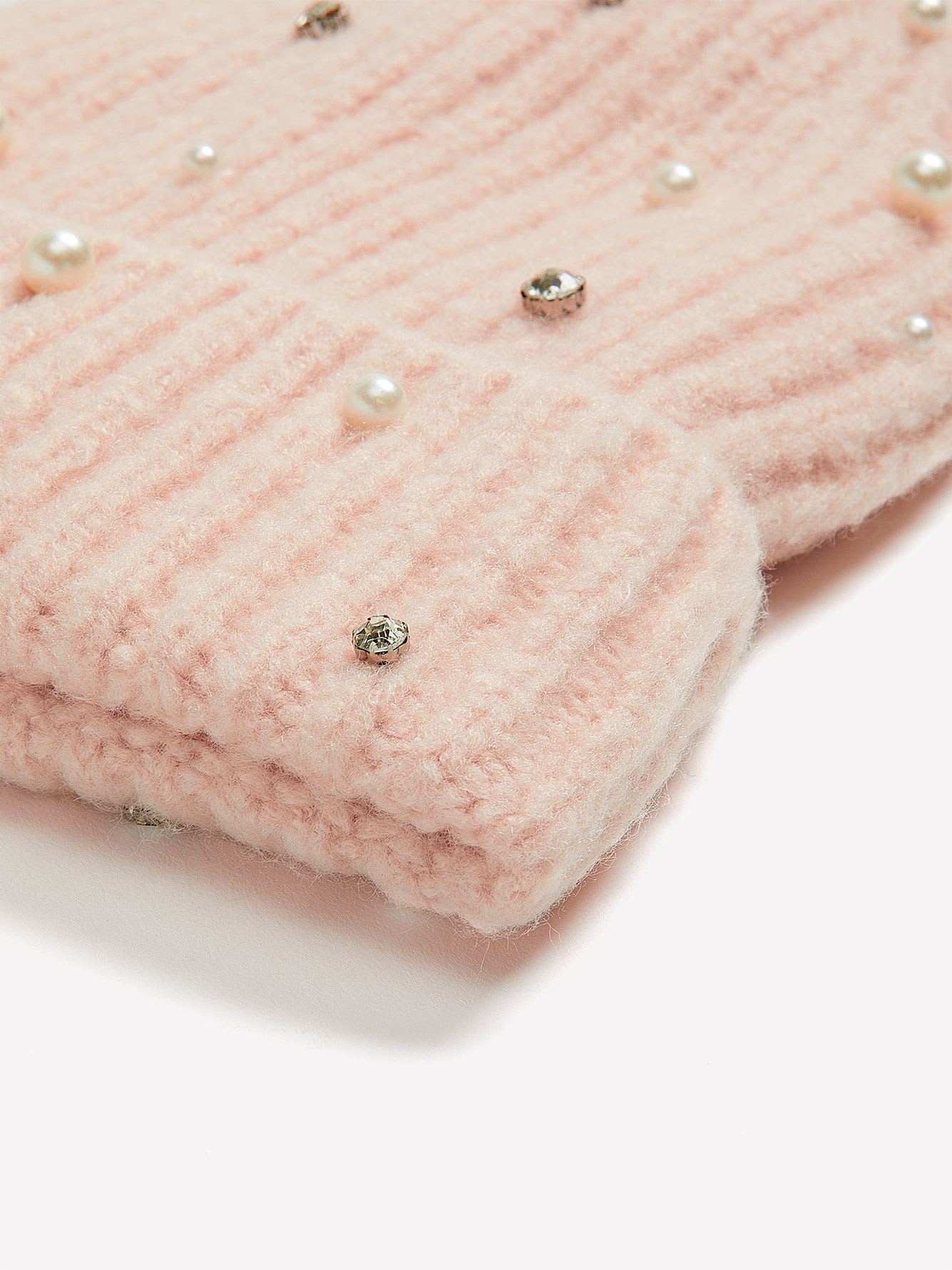 Ribbed Knit Cuff Beanie with Fleece Lining and Decorative Pearls