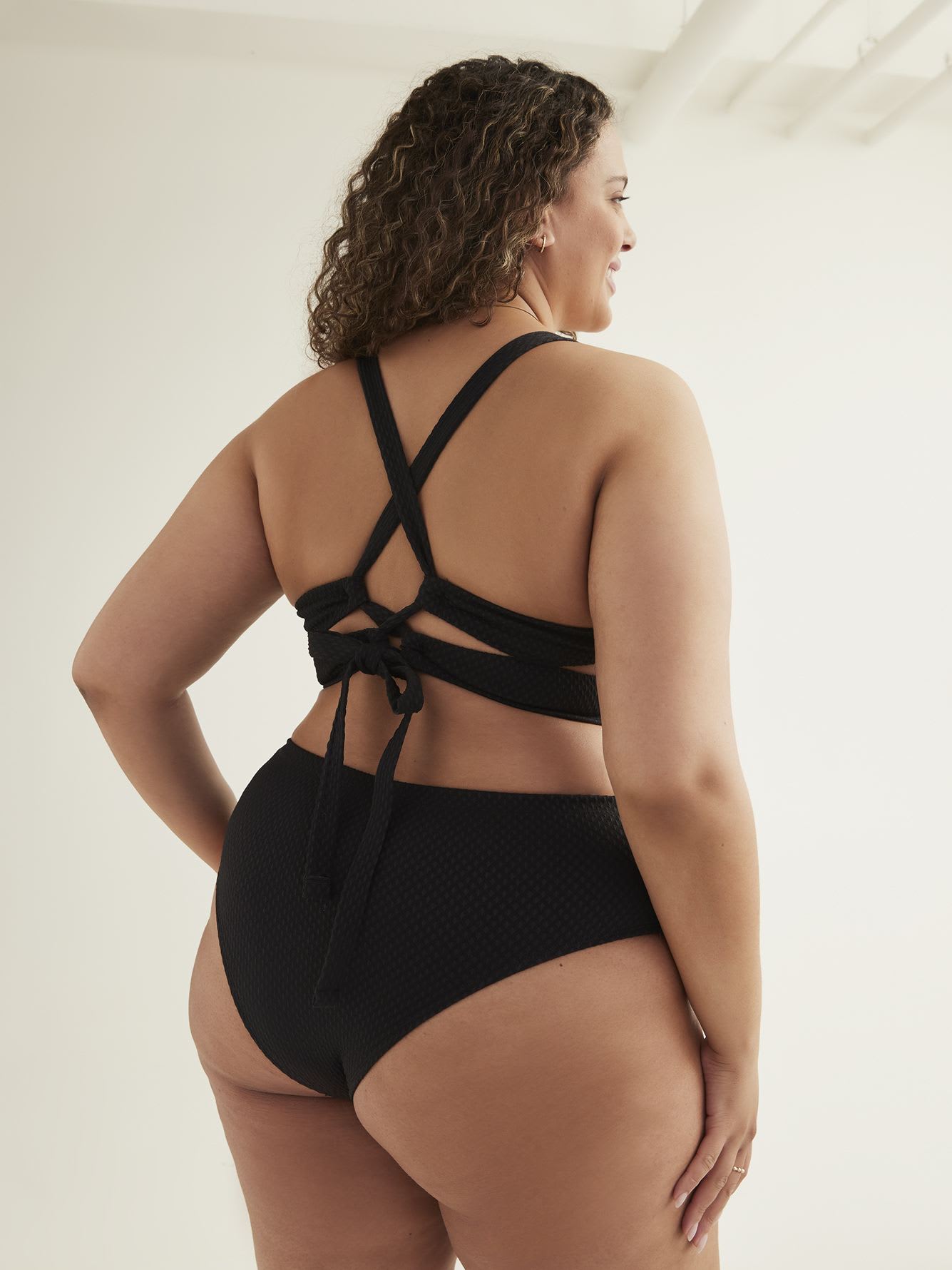 Black Textured Underwire Bikini Top with Lace-Up Back