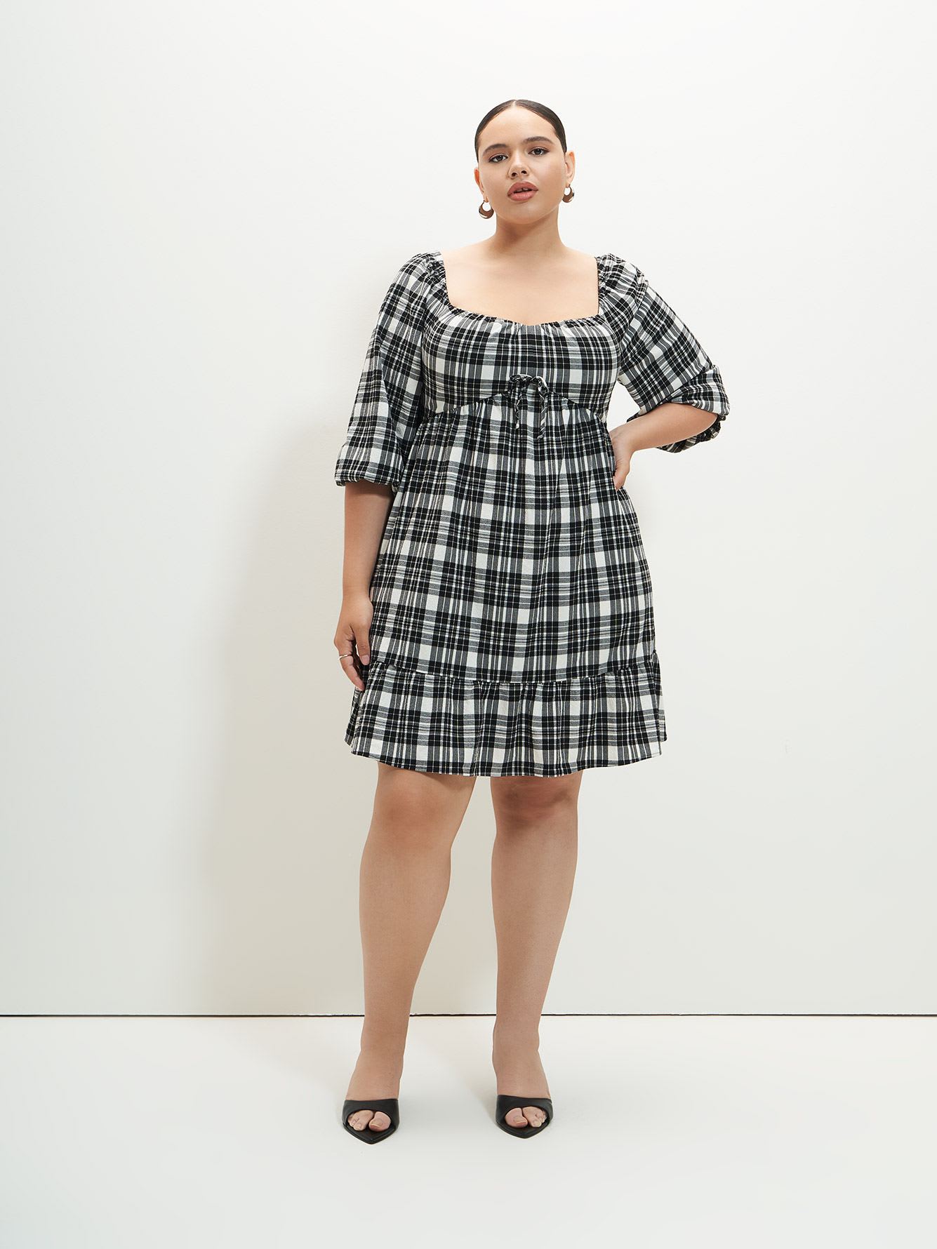 Plaid Tiered Dress with Balloon Sleeves - Addition Elle