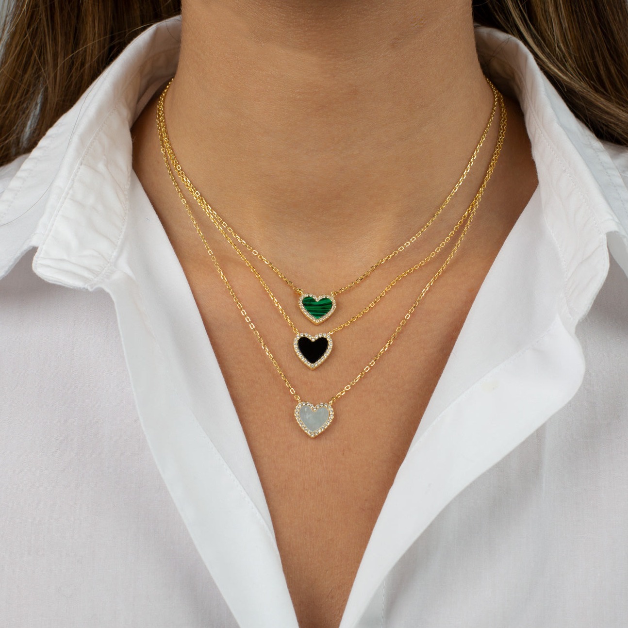 By Adina Eden -COLORED STONE PAVE HEART NECKLACE - MOTHER OF PEARL