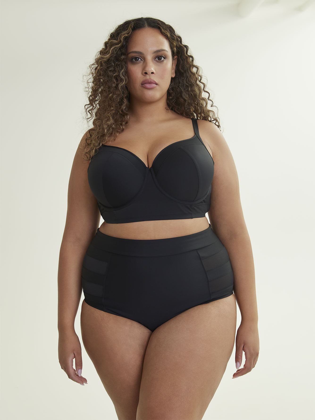 Solid Longline Bikini Top with Mesh Insert