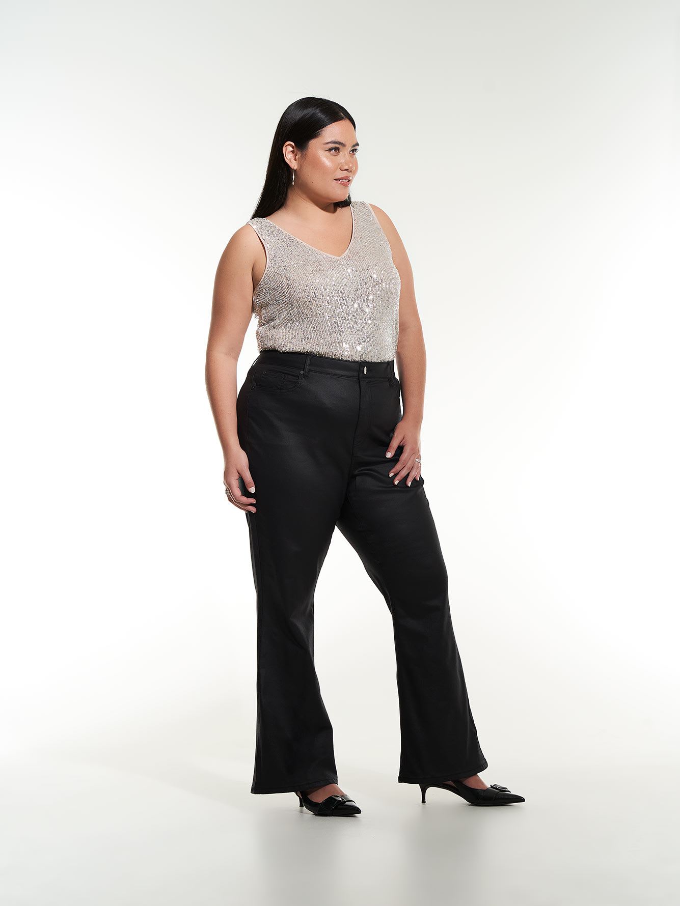 Curvy-Fit Coated Black Flared Leg Jeans - Addition Elle