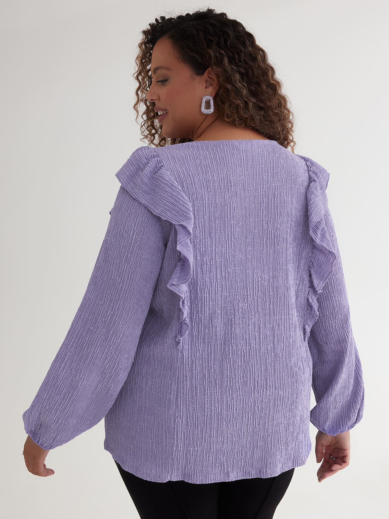 V-Neck Knit Top with Shoulder Ruffles