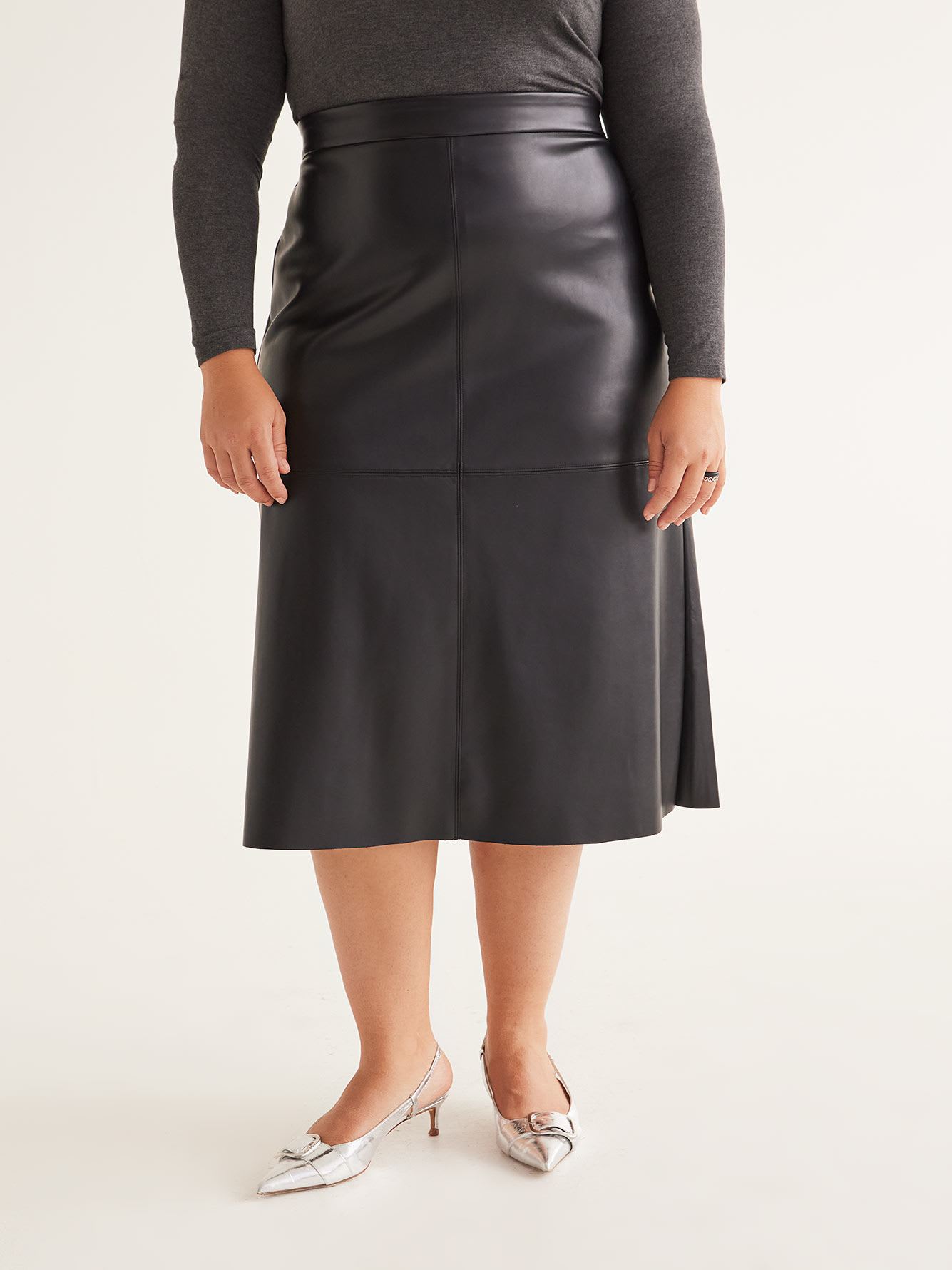 Black Faux Leather Midi Skirt