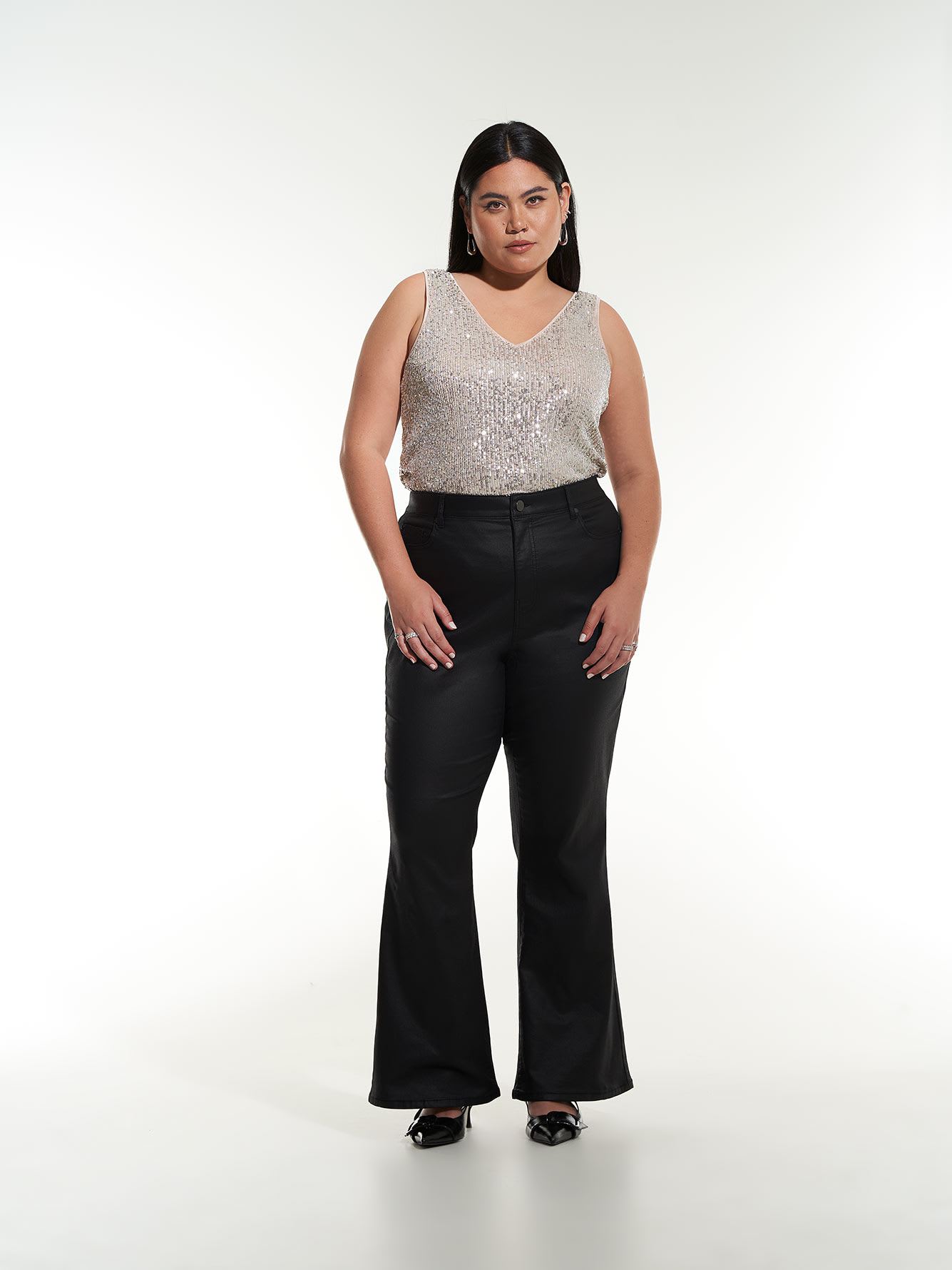 Curvy-Fit Coated Black Flared Leg Jeans - Addition Elle