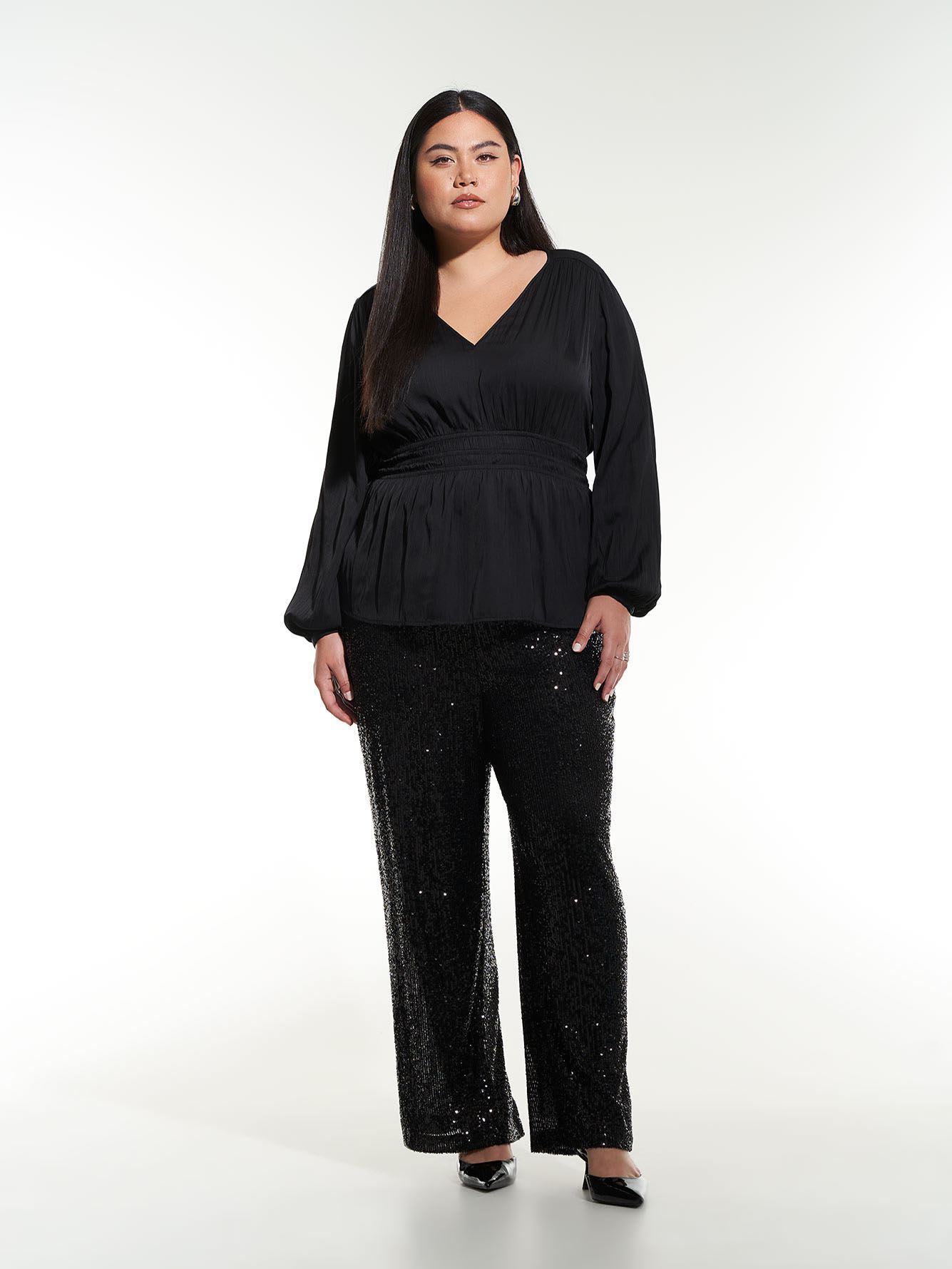 Black Satin V-Neck Blouse with Elastic Waist - Addition Elle