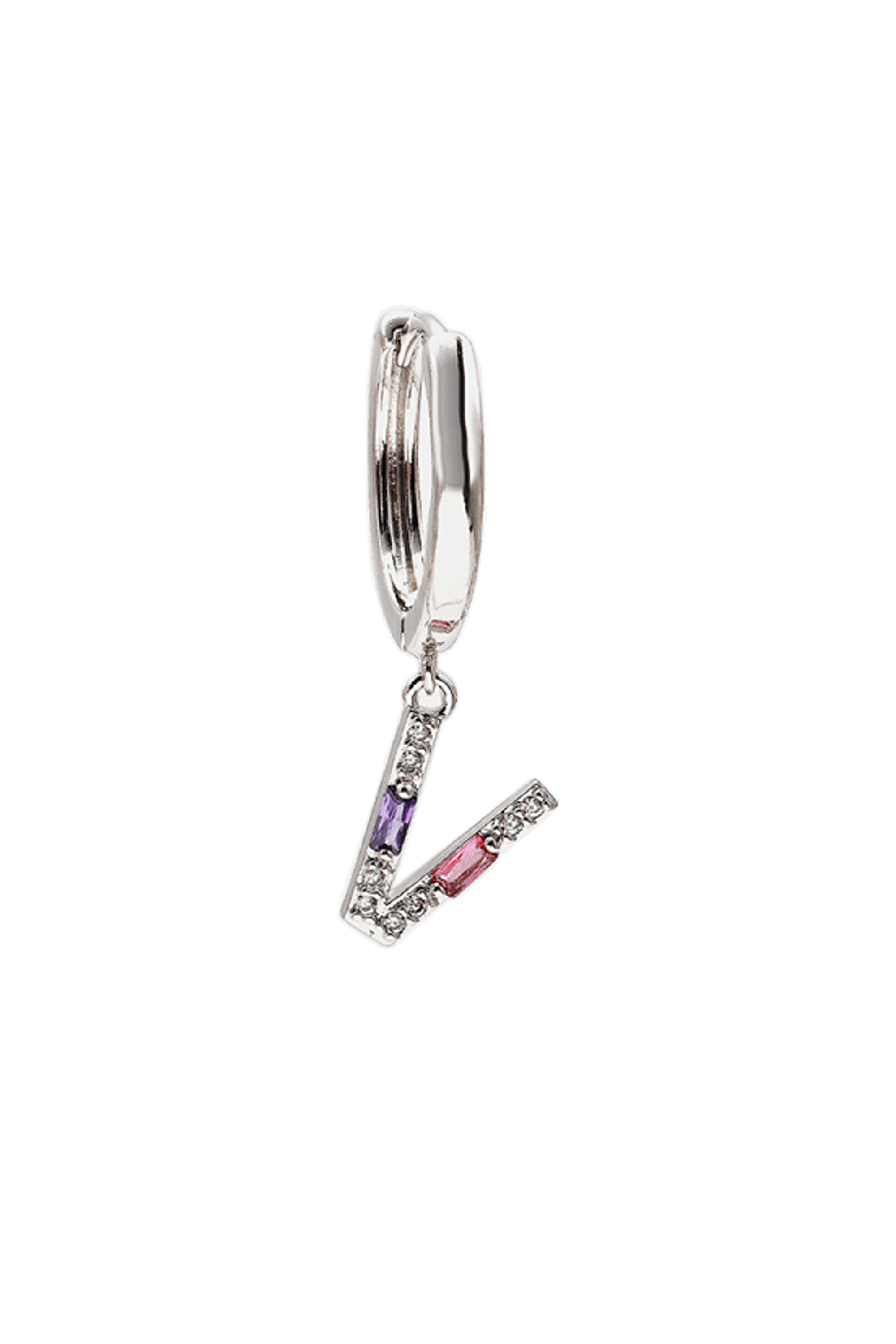 Classicharms-Single Pavé Initial Charm Drop Huggie Hoop Earring-Letter V