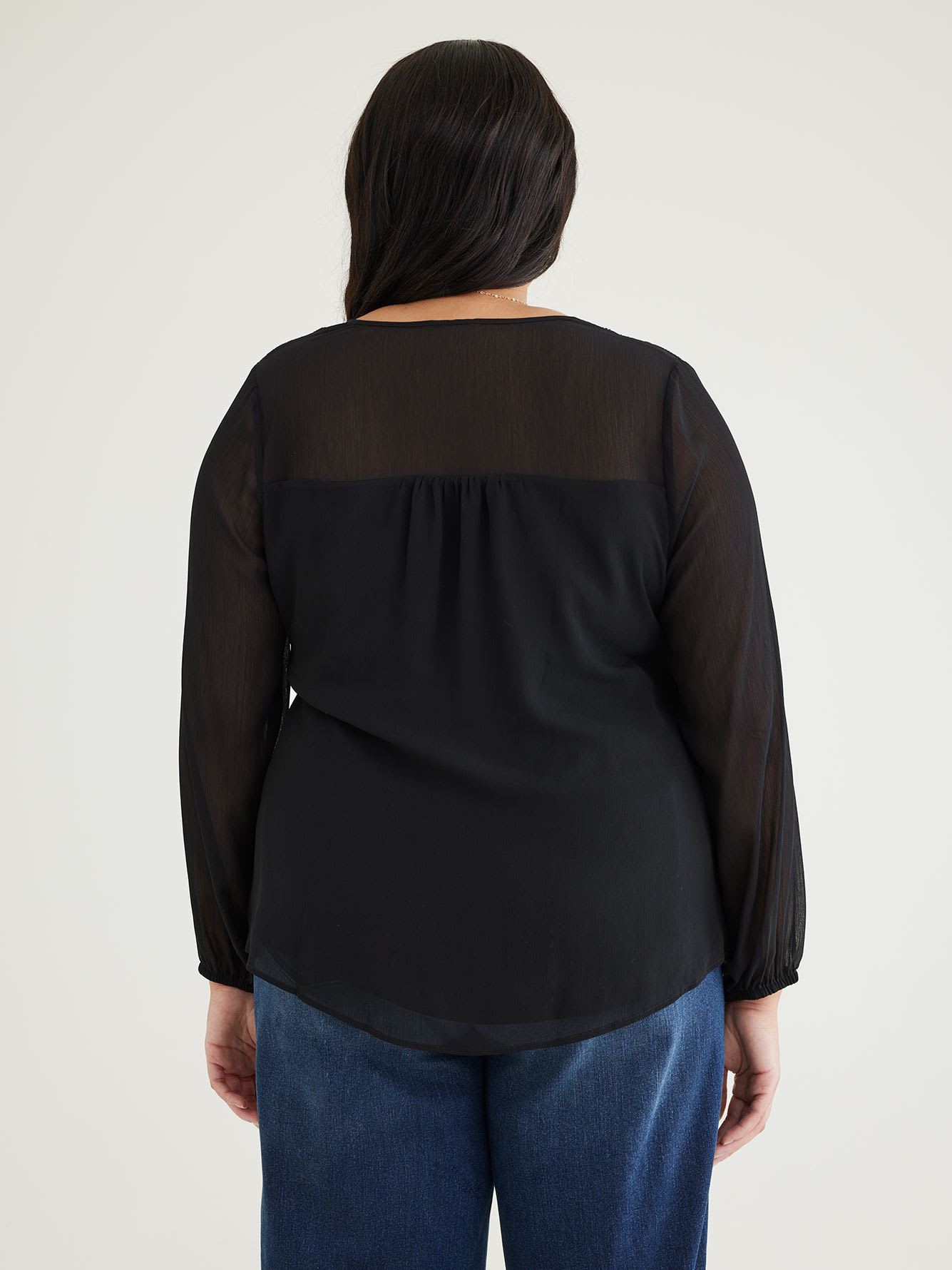 Long-Sleeve Split-Neck Blouse with Smocking