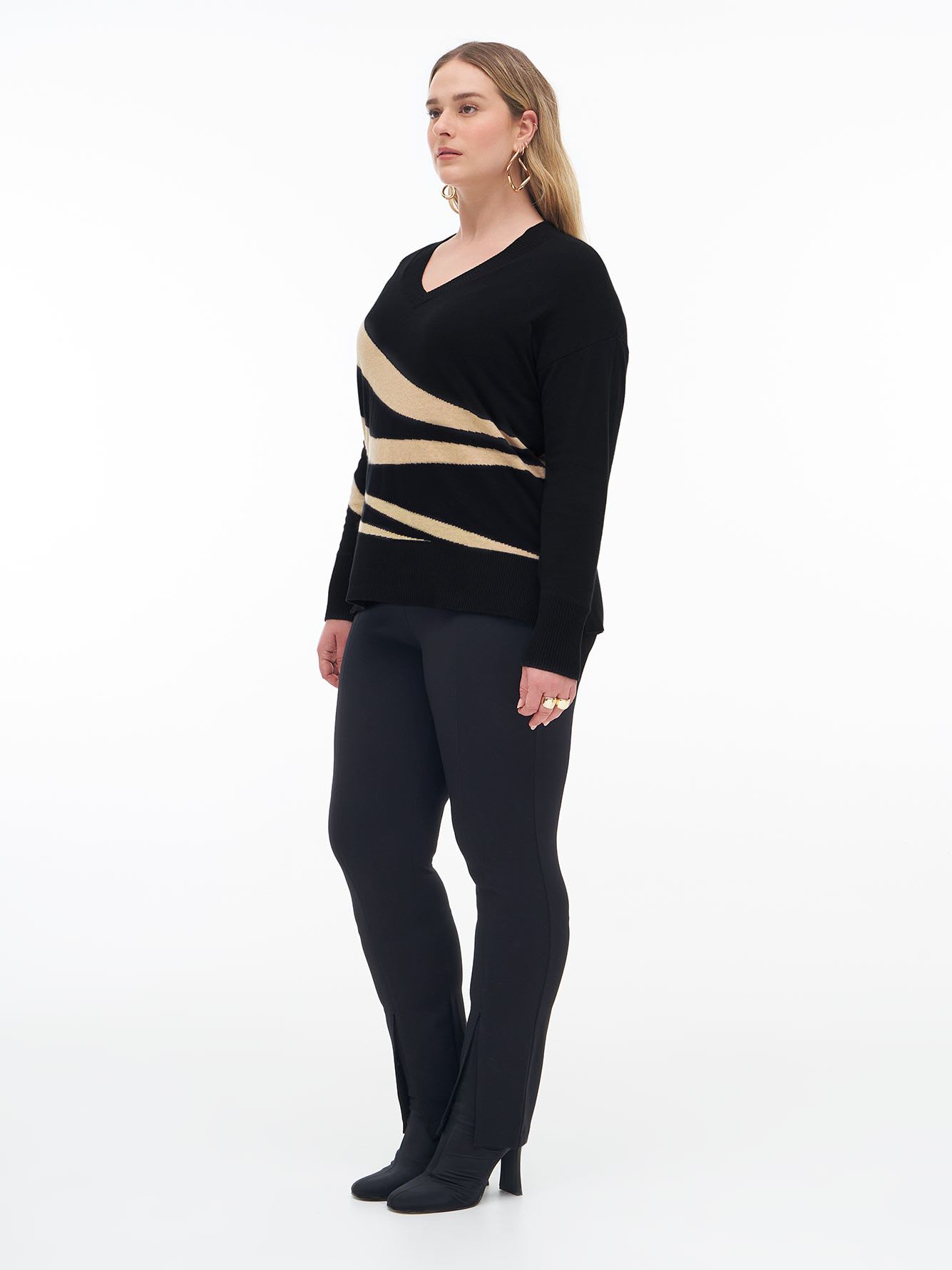 Black V-Neck Boxy Jacquard Sweater - Addition Elle