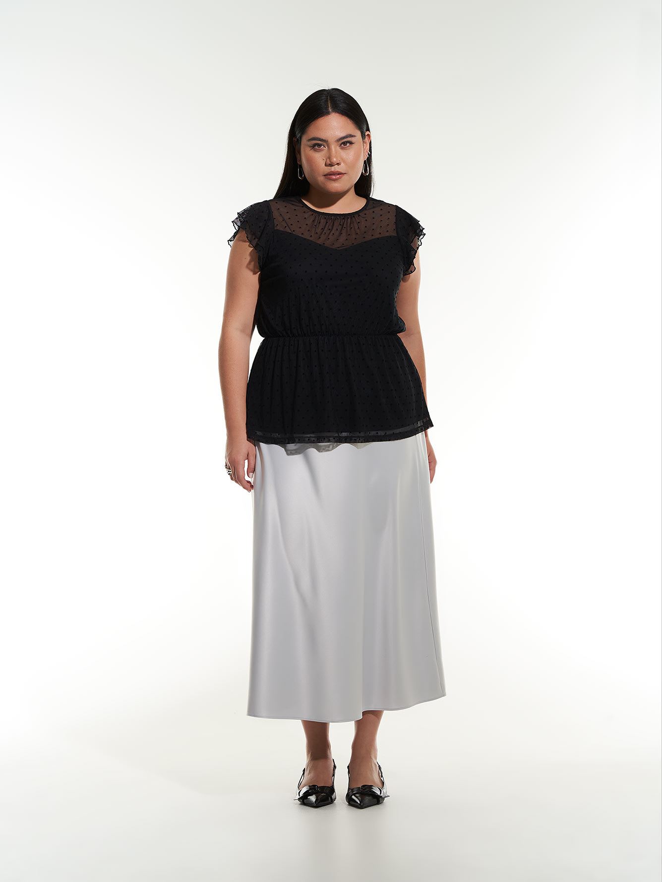 Short Double Flutter Sleeve Black Mesh Knit Top - Addition Elle