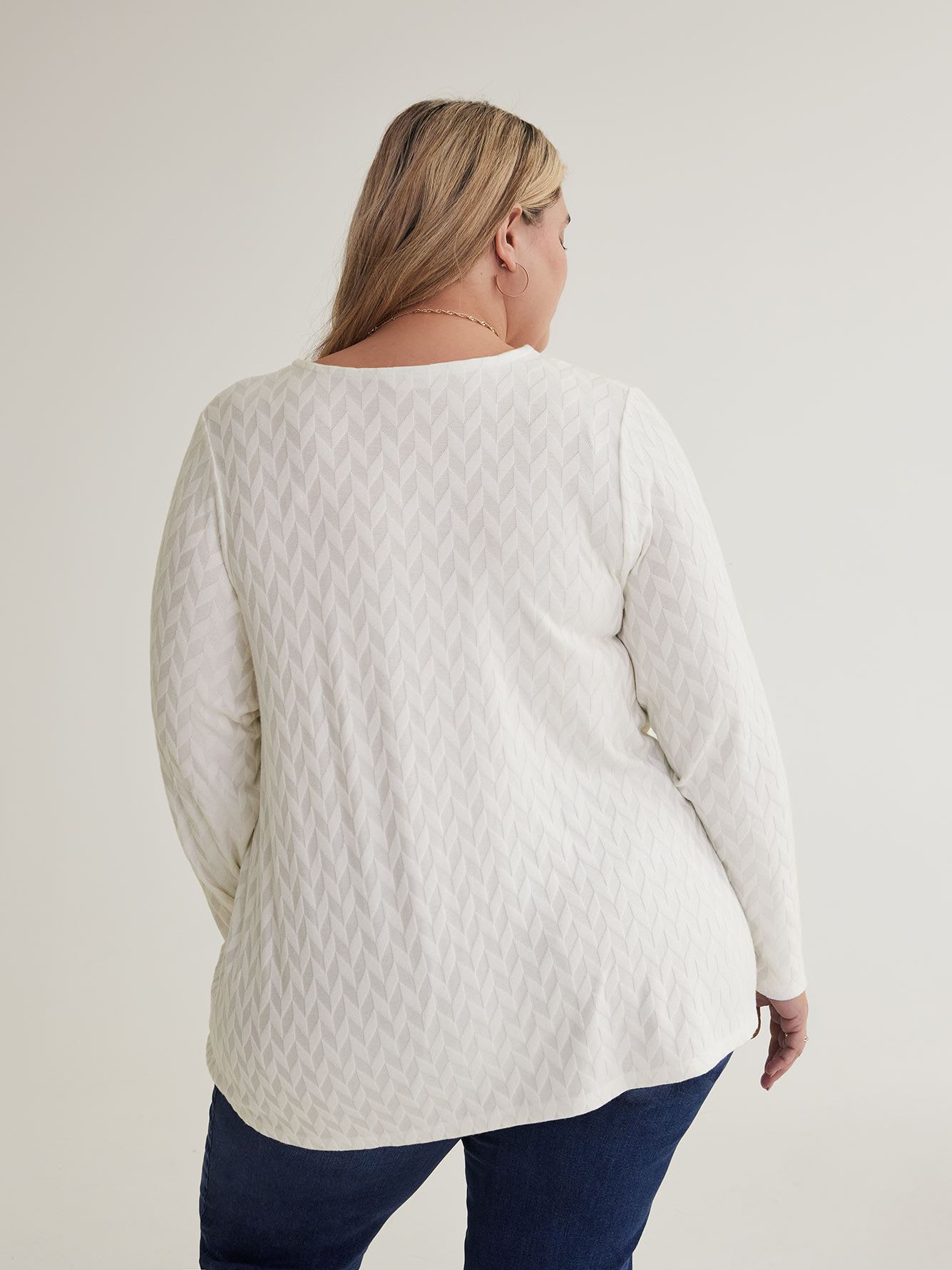White Textured Knit Top with Zippered V-Neck