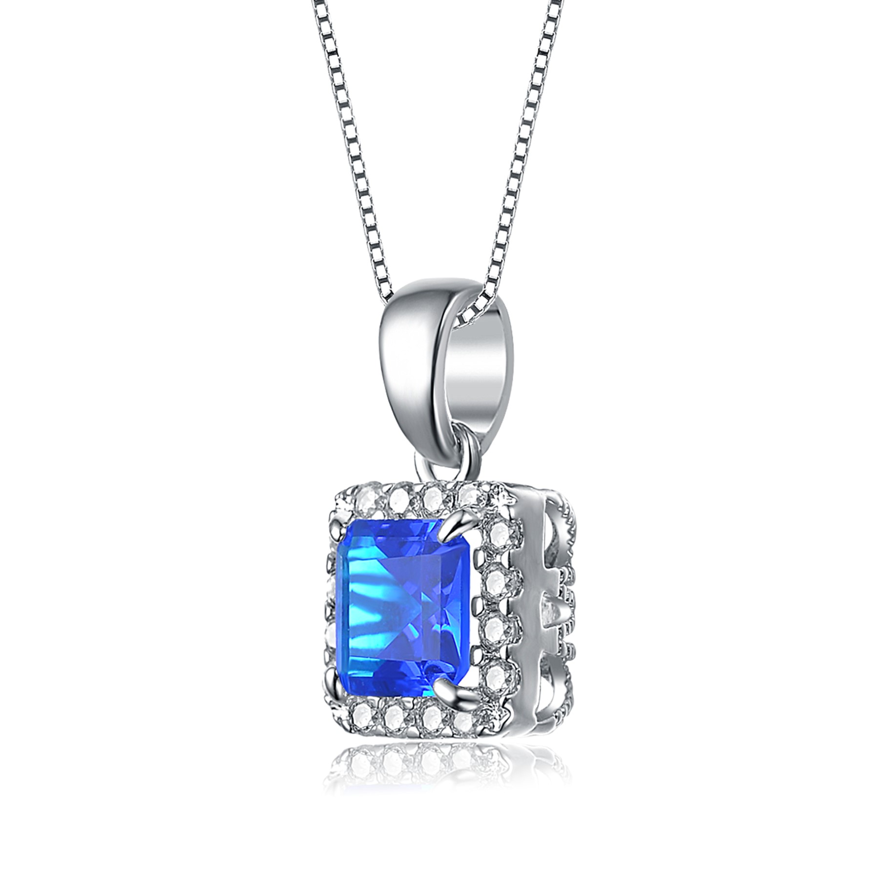 Genevive Cubic Zirconia Sterling Silver Blue Assher Cut Drop Pendant